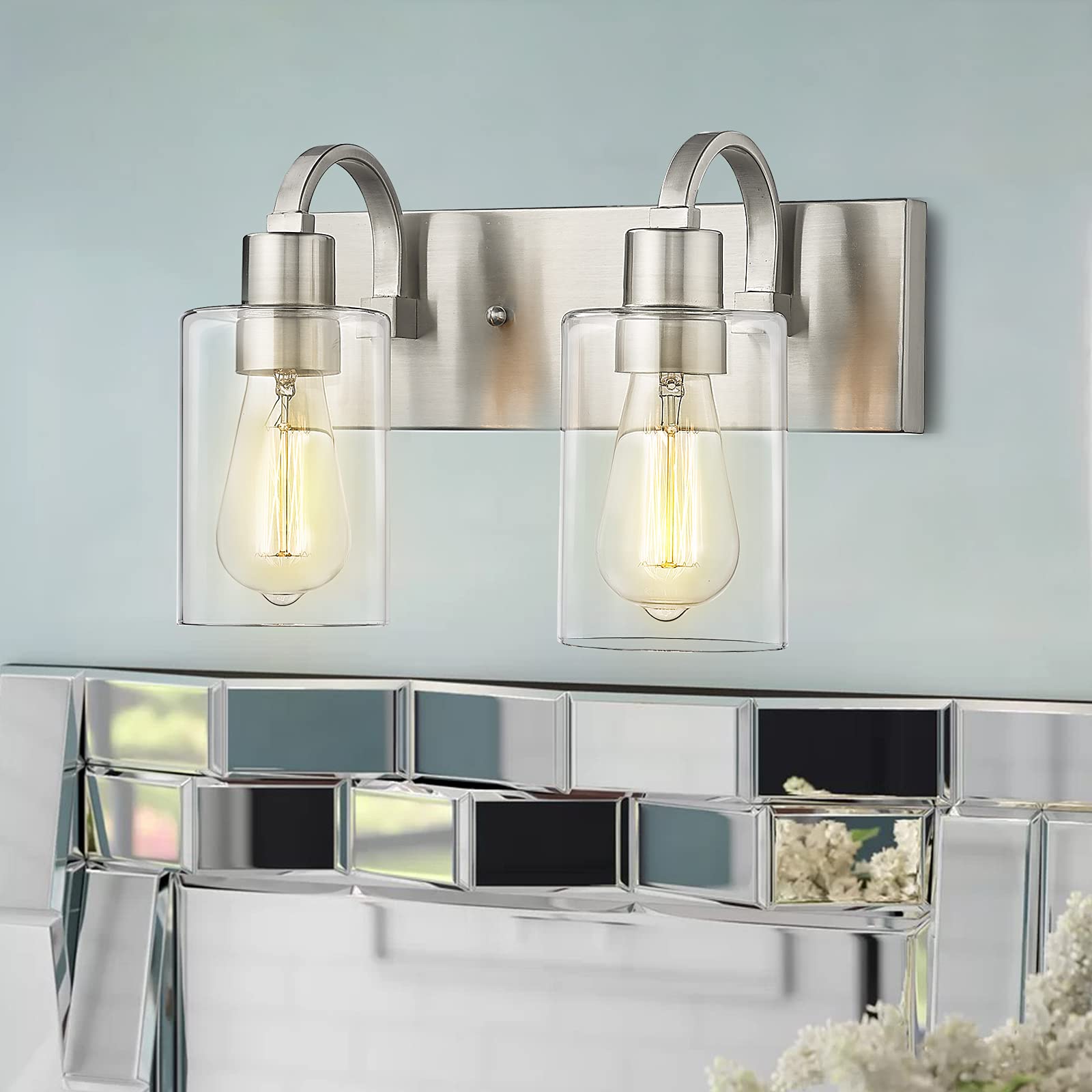 Emliviar 2-Light Brushed Nickel Bathroom Vanity Light Fixture With Clear Glass Yce237B-2W Bn