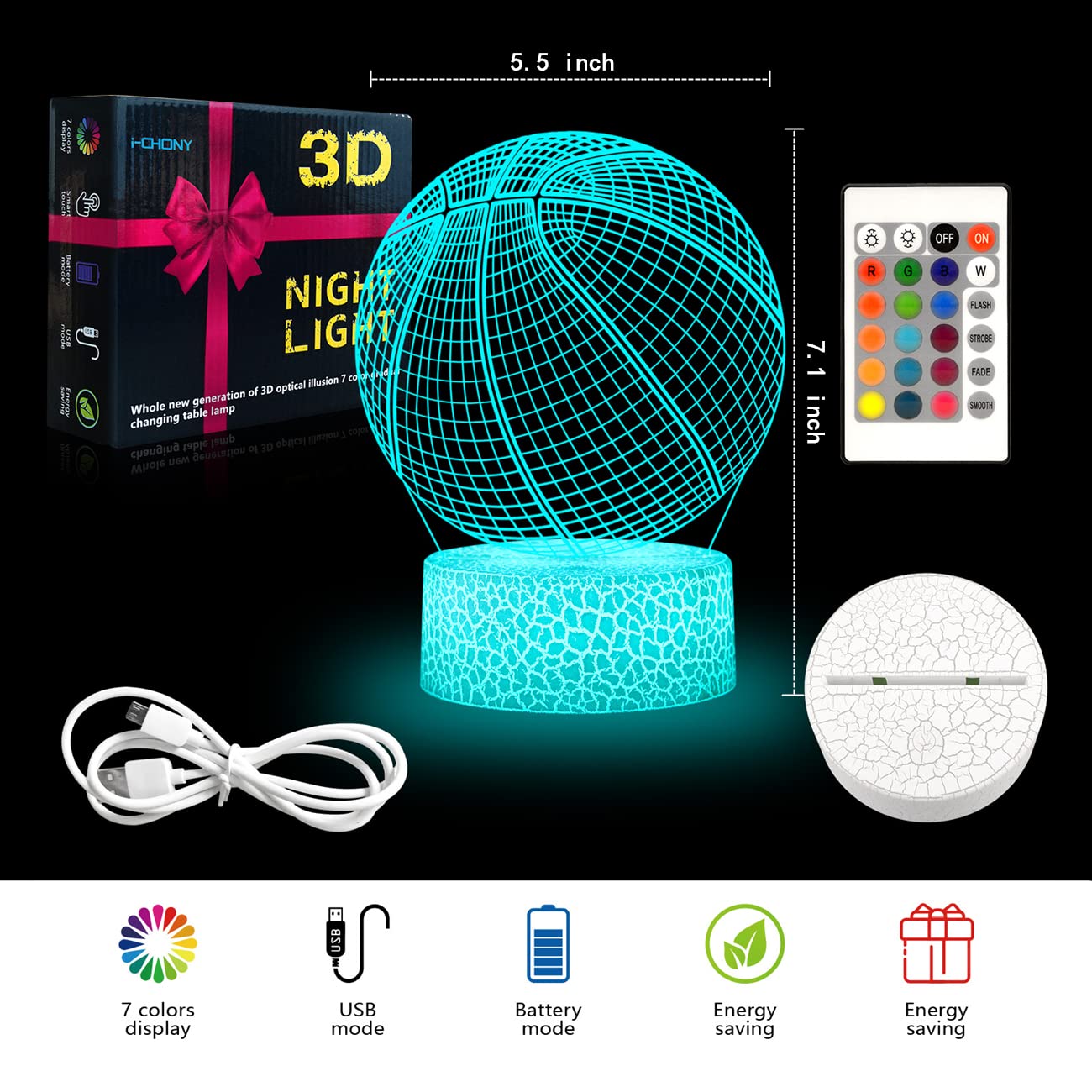 I-Chony Basketball 3D Illusion Night Light Lamp,16 Colors Dimmable Basketball 3D Led Light,With Remote & Smart Touch,Basket Ball Gifts For Adults Teens Boys Girls Kids Birthday Christmas