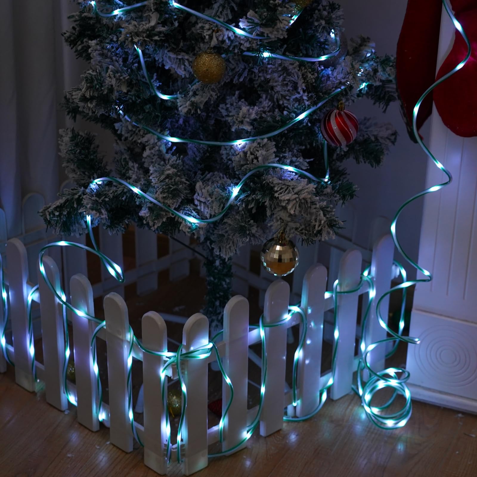 Qitong Christmas Candy Cane Rope Lights, 2 Pack Each 33Ft 100 Led Green& White Solar Rope Lights, 8 Modes Solar Tube Lights For