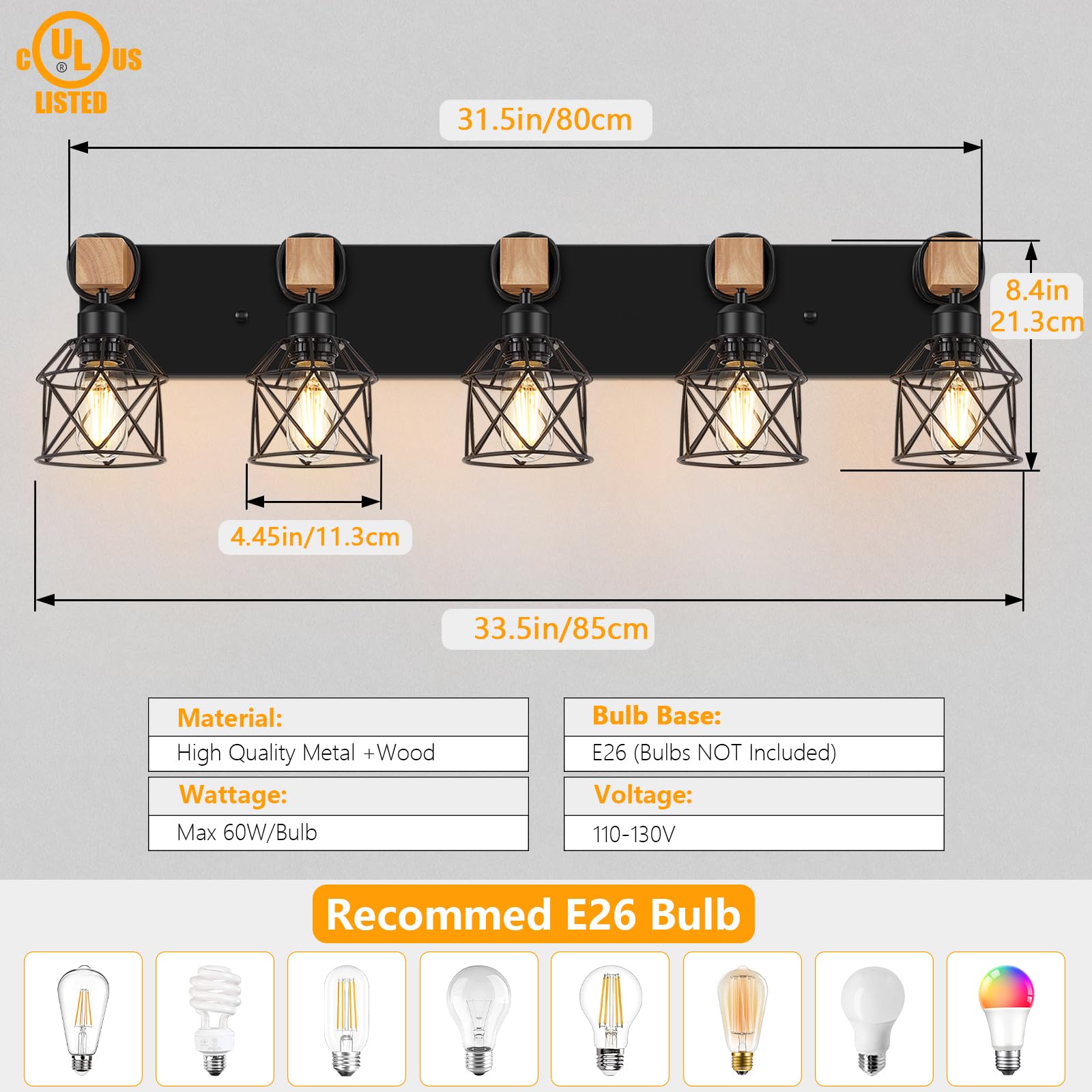 Fadimikoo 5-Light Wooden Black Bathroom Light Fixtures  Rustic Style Vanity Wall Sconces Lighting With Metal Cage  Farmhouse Bathroom Lights Wall Mount For Bedroom  Living Room  Entrance