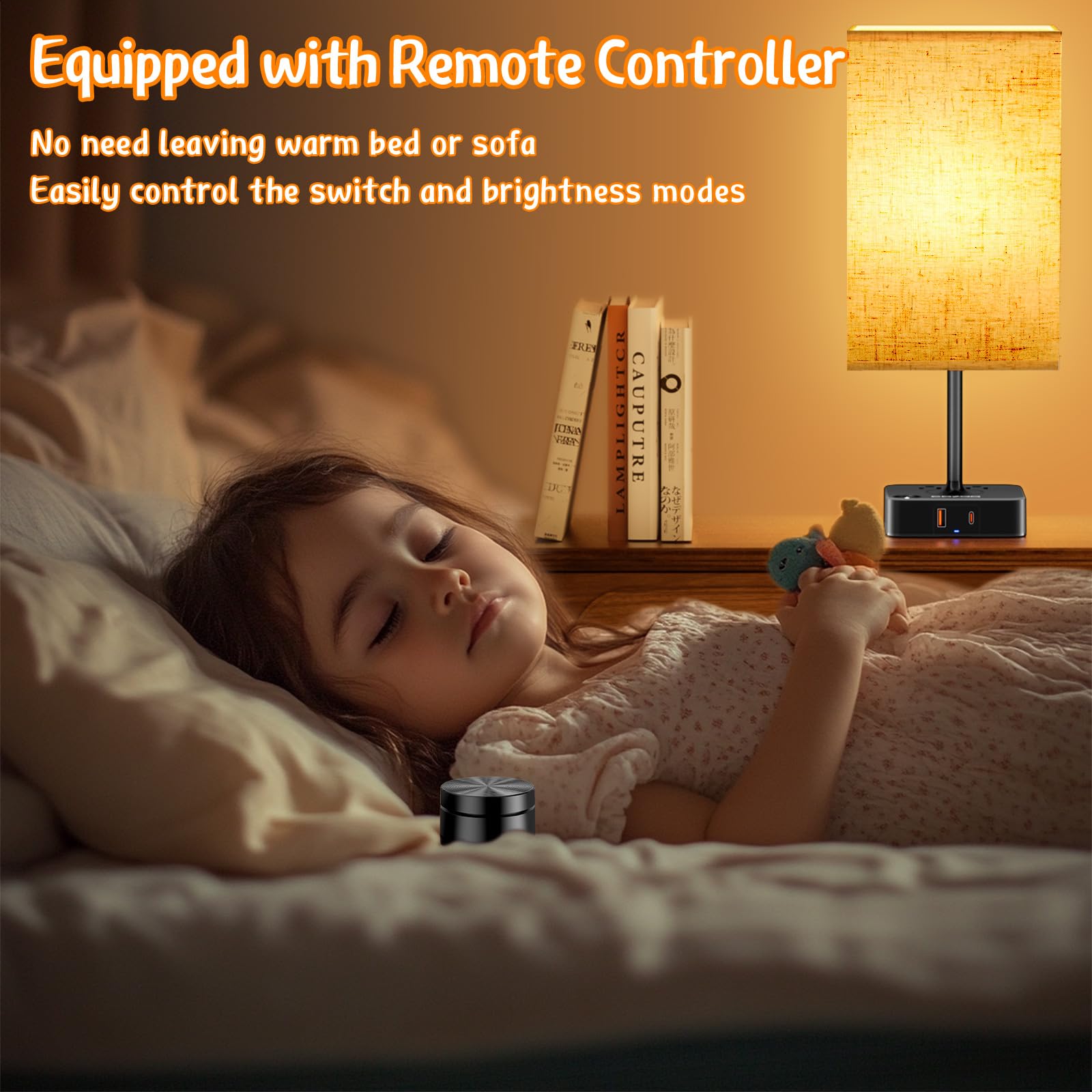 Bedroom Table Lamp With Remote Operation Control,Dimmable Bedside Table Desk Lamps With Usb C+A Charging Ports 2 Ac Outlets,Nigh