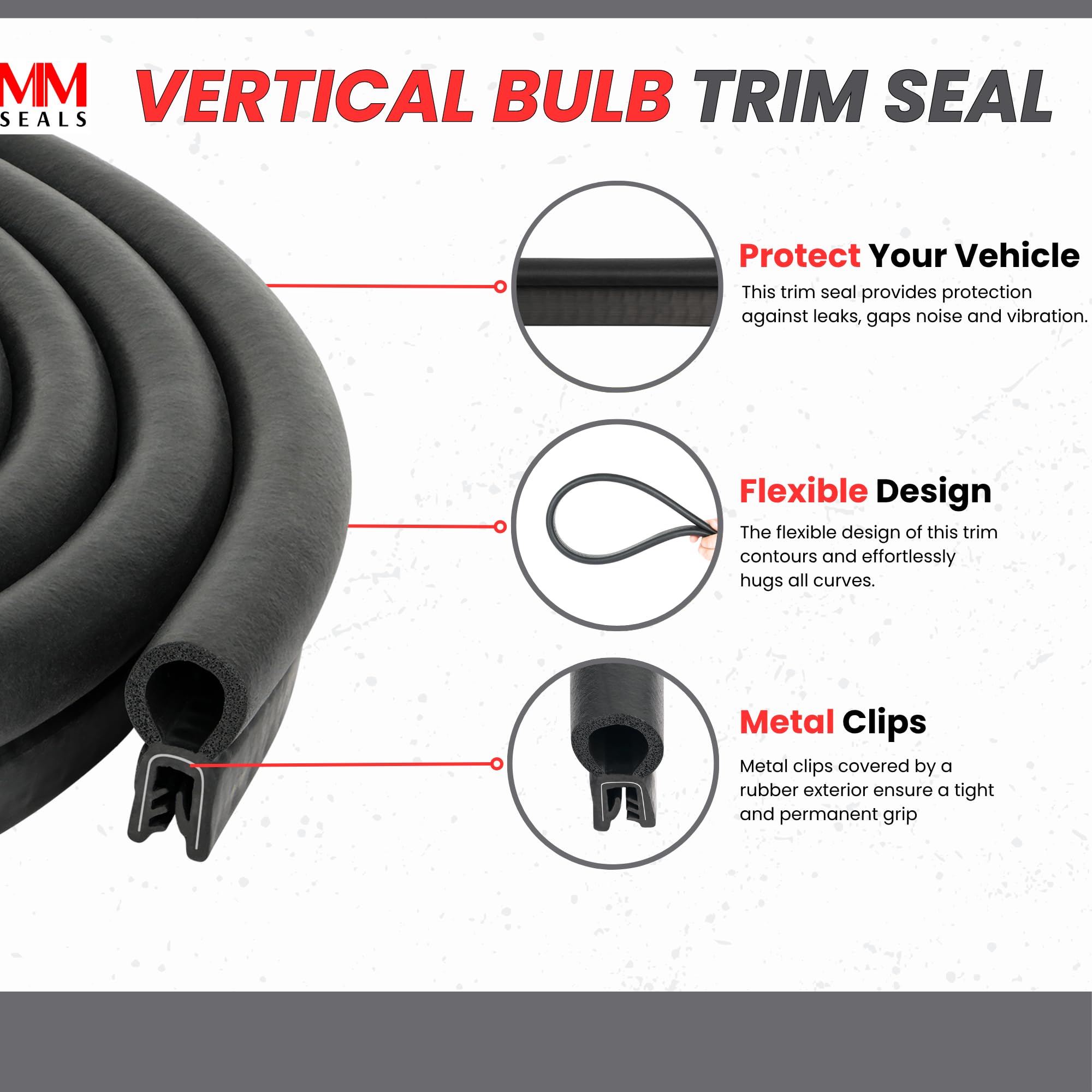 Seal Rubber Vertical Bulb Trim Seal - 0.55" Bulb Diameter, 0.039"-0.14" Flange Size, Black, 13 Feet, Metal, Model CEC