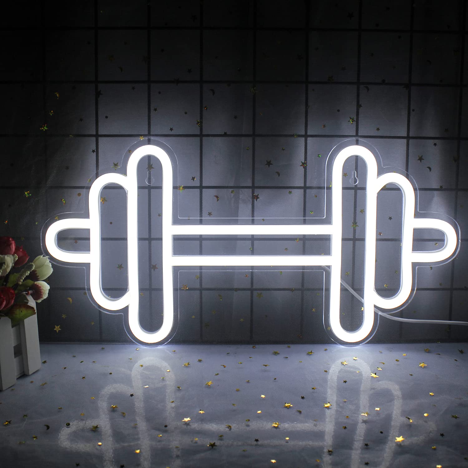 LUCUNSTAR Gym Neon Sign, Barbell Dumbbell Shape, LED Wall Decor, White, Model NS-DC-010-Dumbbells