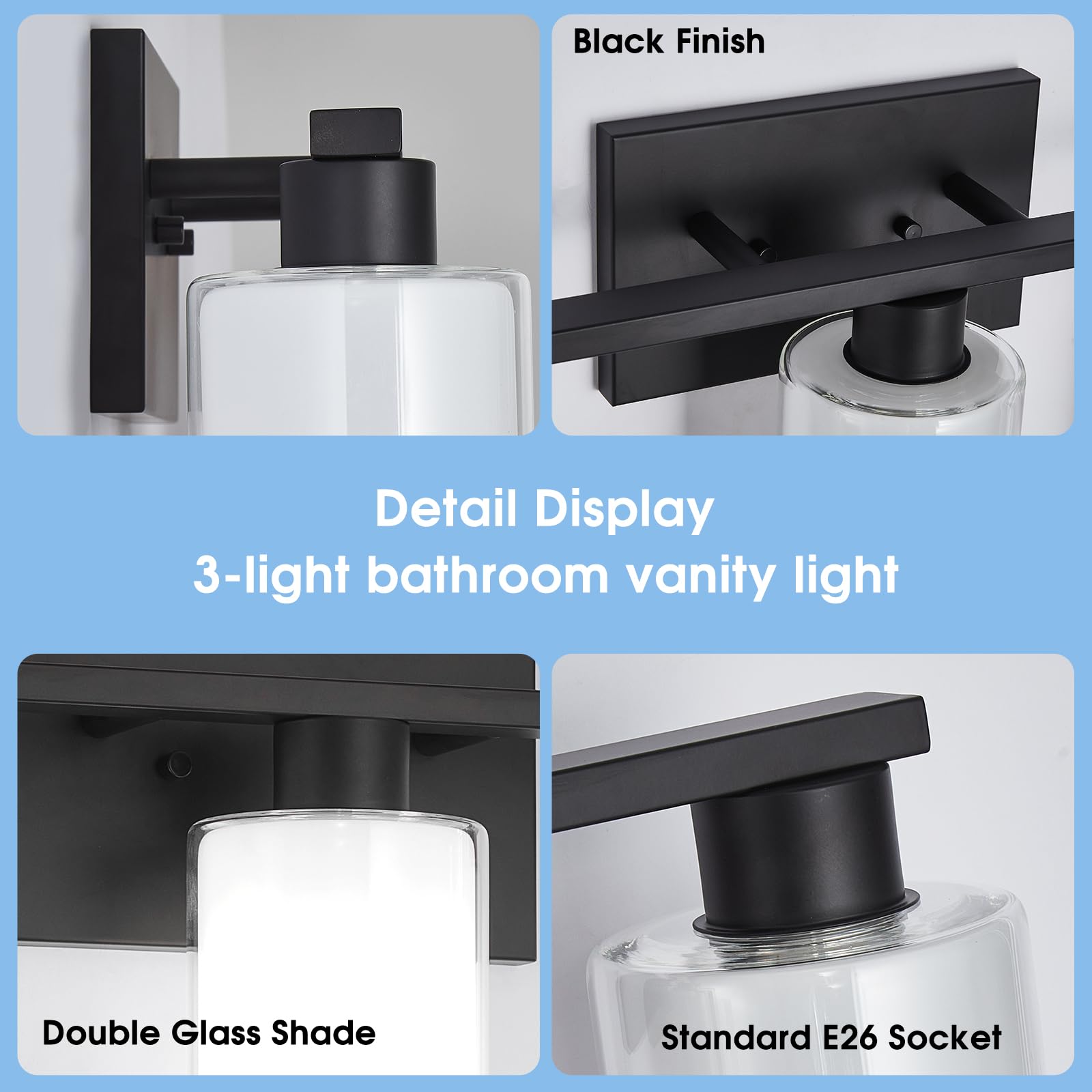 Punsoko Black Bathroom Light Fixtures, Anti-Rust 3 Light Bathroom Vanity Lights, Modern Vanity Light Over Mirror With Frosted Glass And Clear Glass Shade, E26 Base Vanity Lighting