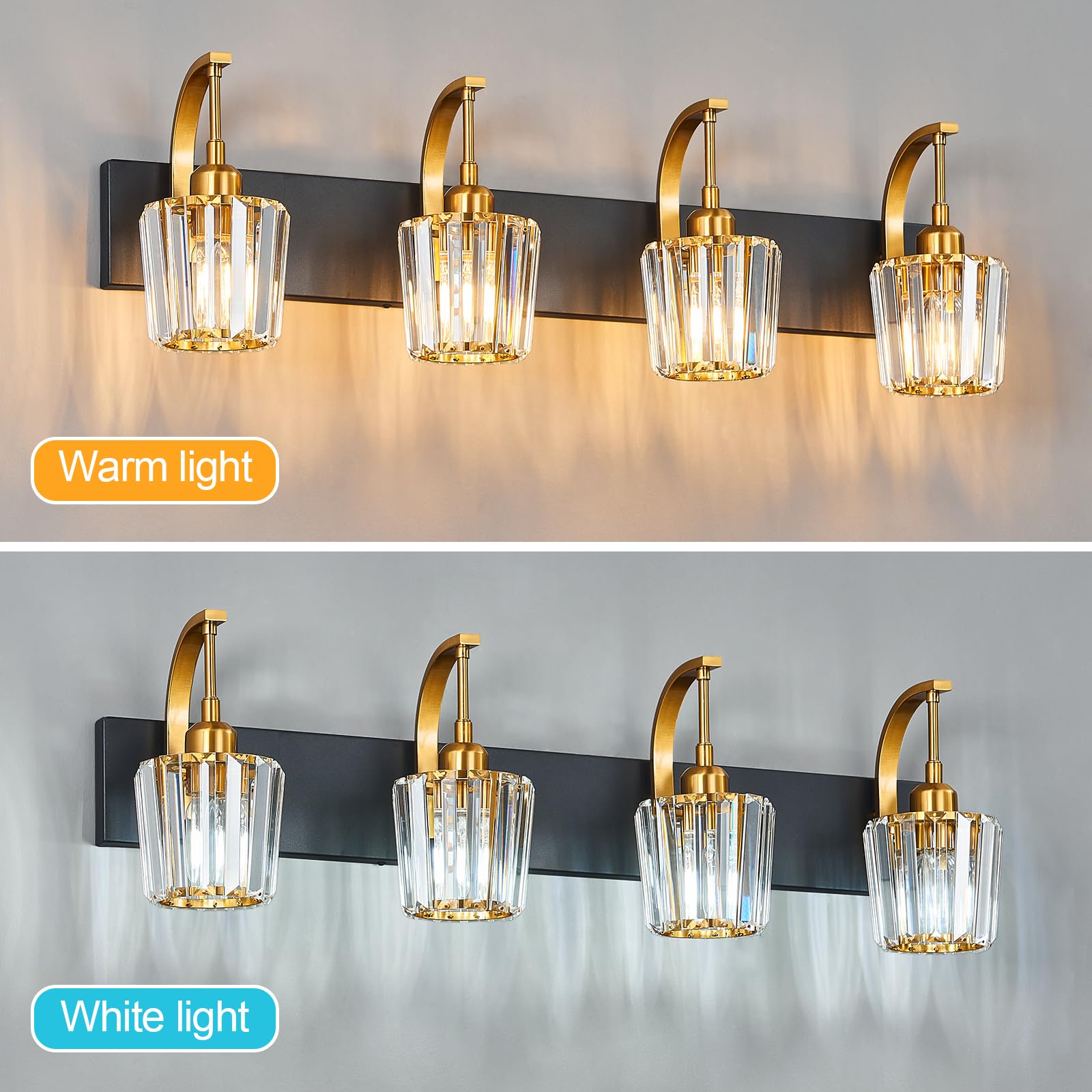 Fdpby Modern Bathroom Vanity Light  4-Light Black Gold Wall Sconce With Crystal Accents  Over Mirror Bathroom Lighting Fixture  32.67 Long Dimmable Vanity Lamp For Makeup  Easy Installation