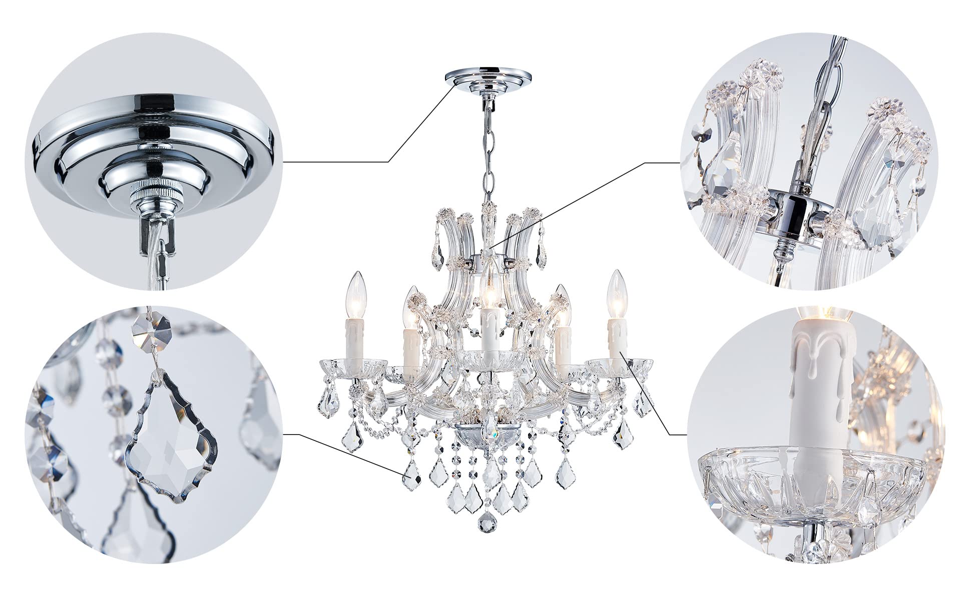 SM Saint Mossi 5-Light Crystal Chandelier, Modern K9 Crystal Pendant Lighting, H22 x W20, Silver Finish, Model SM-DY-19085