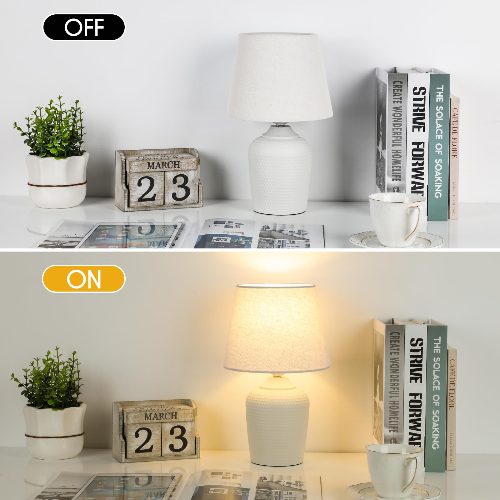 Sucolite 12'' Table Lamps Set of 2 - Beige & White, Studded Texture Base for Bedroom, Nursery, Office - Model T0438-WH+AP