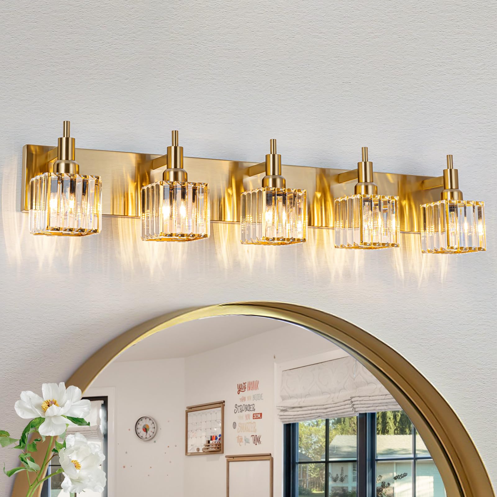 Huoku Gold Bathroom Vanity Lights - 5 Lights Crystal Bathroom Lighting Fixtures Over Mirror Modern Gold Crystal Wall Light