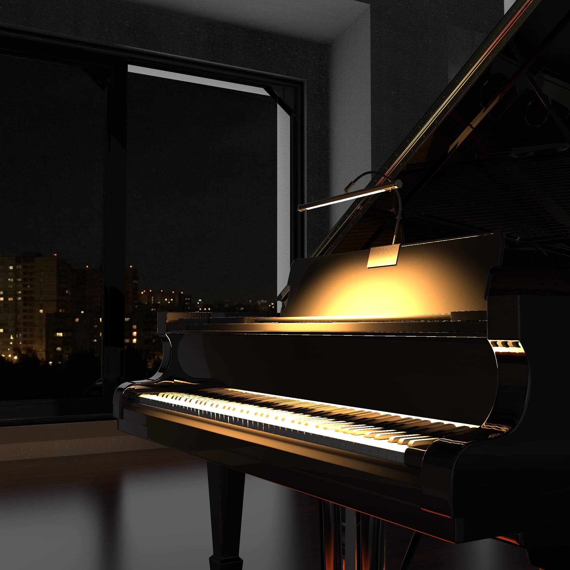 Cocoweb 19&quot; Grand Piano Lamp - Adjustable, Black With Brass Accents, Led Clip-On With Dimmer - Gpled19D