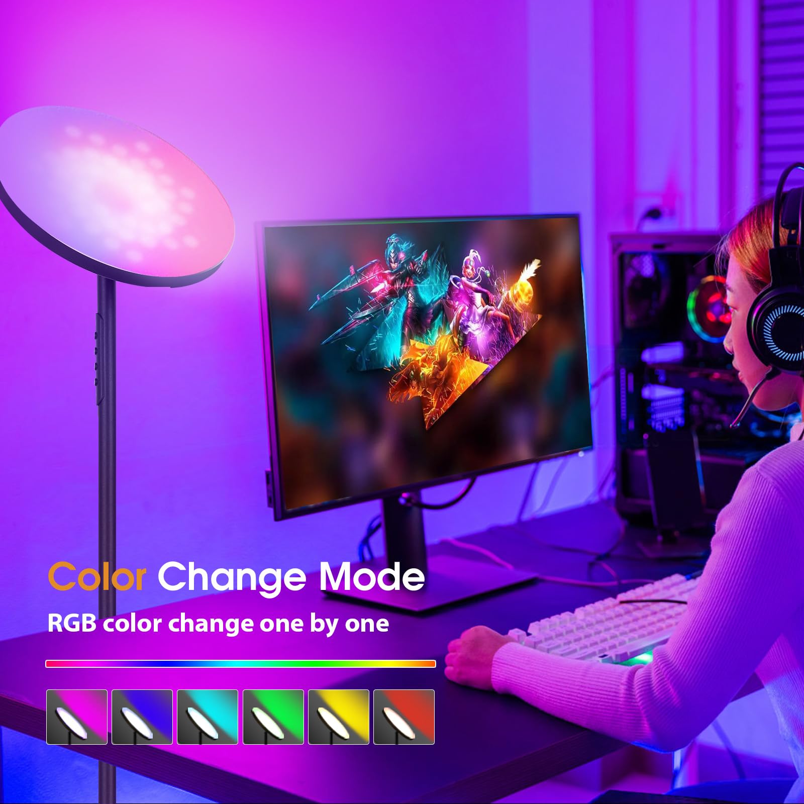 hanaking Floor Lamp, 36W RGB Color Changing Torchiere, Remote Control, Matte Black, Model MF30002