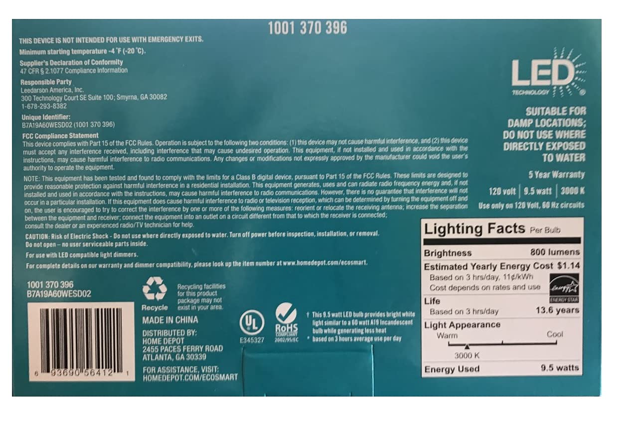 Led Technology 60W Equivalent A19 Dimmable Led Bulb, Bright White, Energy Star, 4-Pack