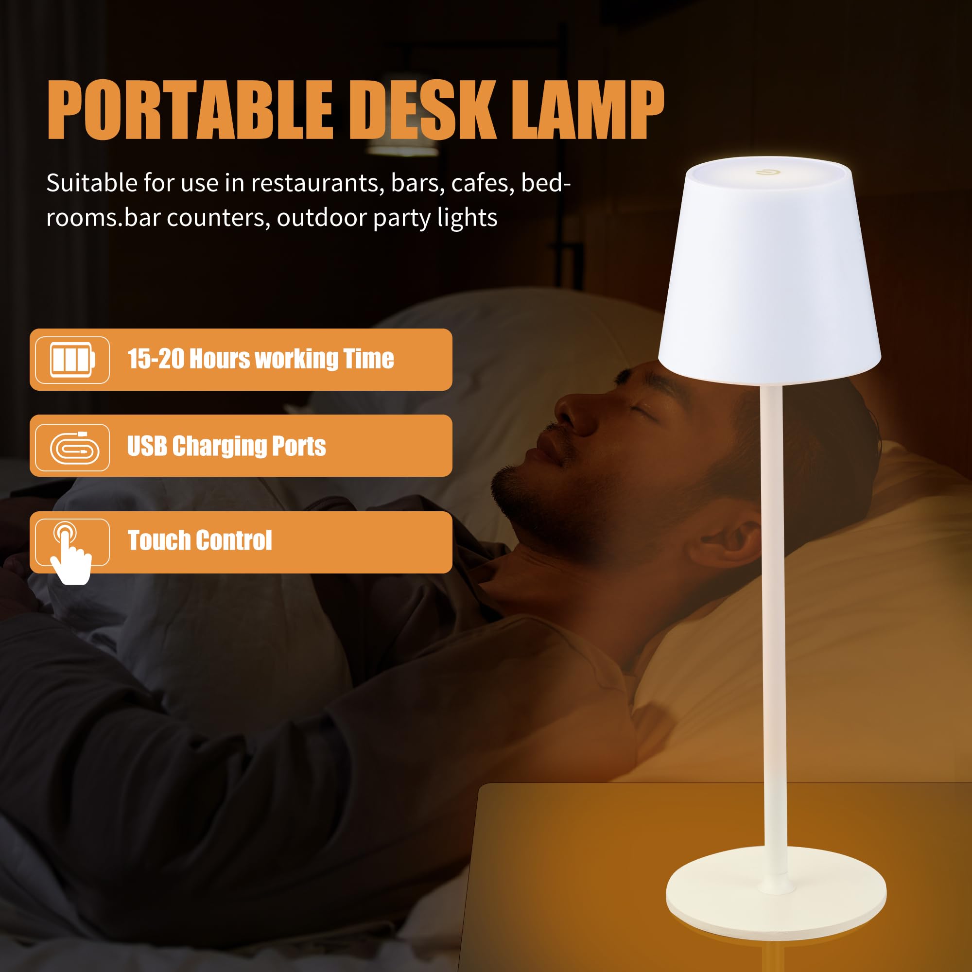 IMQSQIK Cordless Table Lamp, USB Rechargeable, Touch Control, 4600 mAh Battery, Aluminum, White, Model Ue566