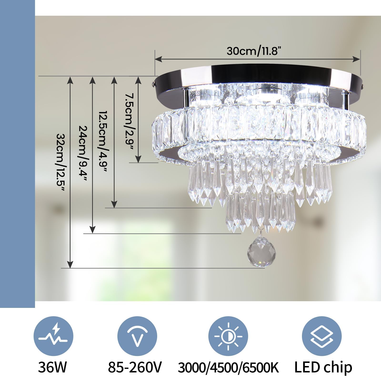 Leontyne 11.8 Inch Dimmable Crystal Chandeliers Modern Led Crystal Ceiling Light Flush Mount Chandelier Lighting For Bedroom Din