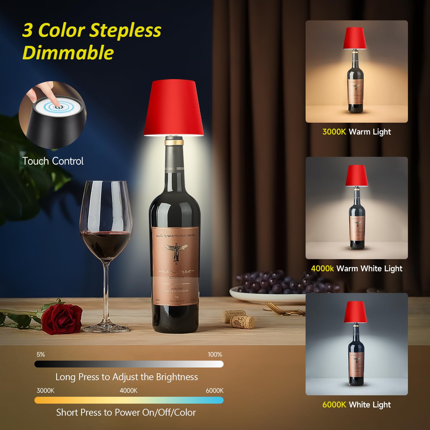 Hoide Wireless Bottle Lamp - LED Night Light Kit, Rechargeable, 5.7in, Wine Red, Plastic, Touch-Dimmable