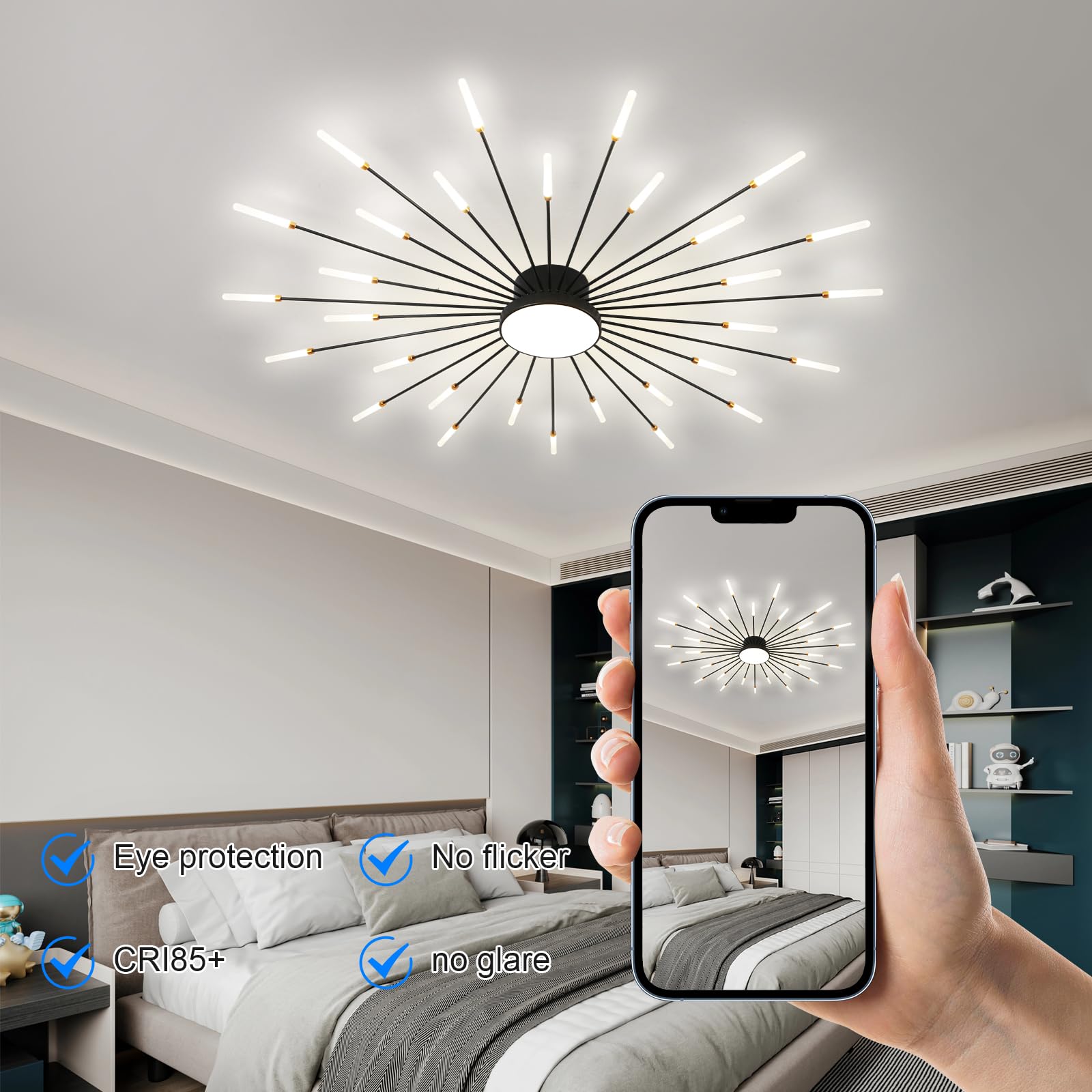 JAYMP Modern Flower Ceiling Light Fixture, 30+1 Lights, Matte Black, Acrylic, Model GB6528, Flush Mount for Living Room/Dining Room