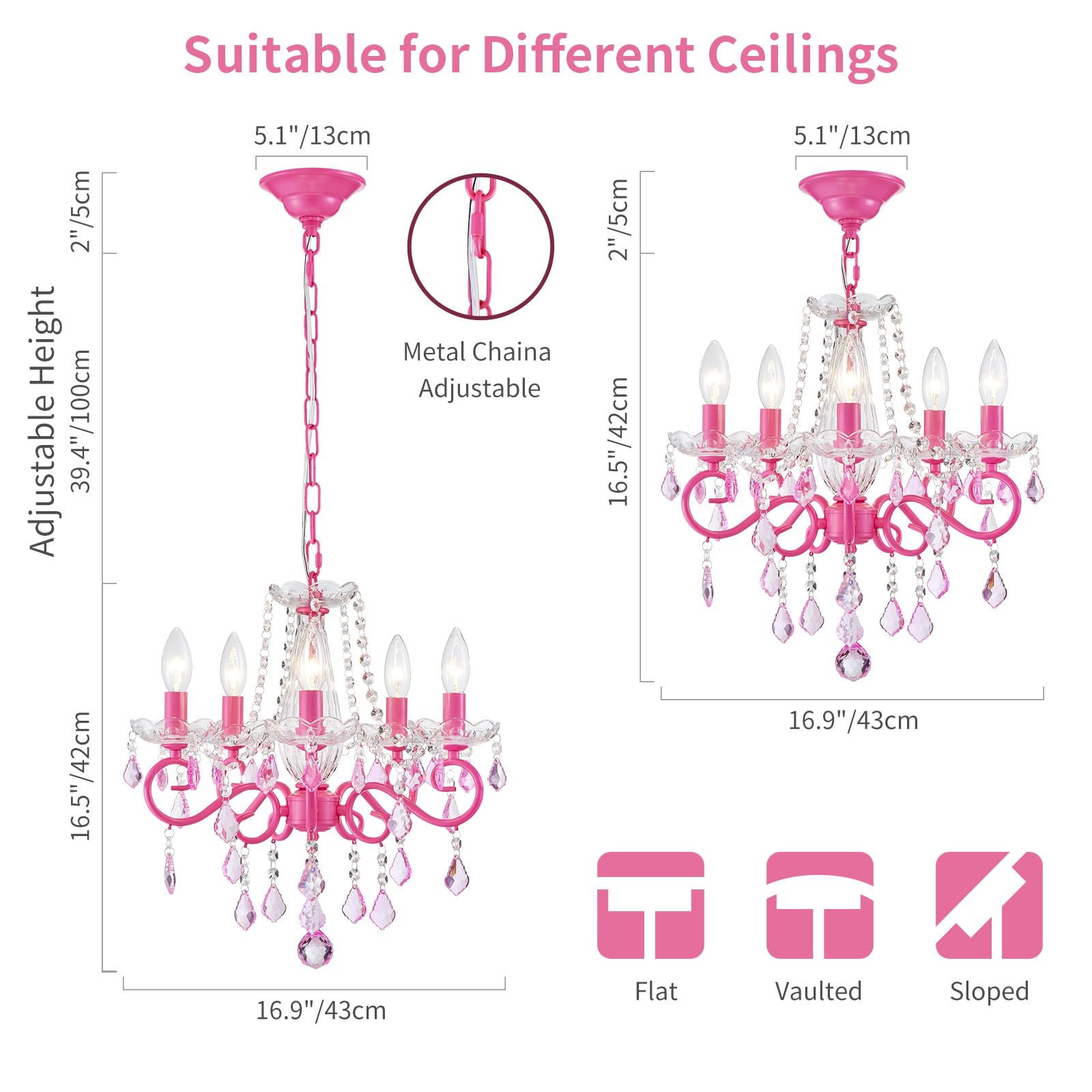 ANJIADENGSHI Small Crystal Chandelier, 16.5in High, 17in Wide, Pink, Crystal, Model CL-0011PK, Modern Pendant Light for Dining Room,
