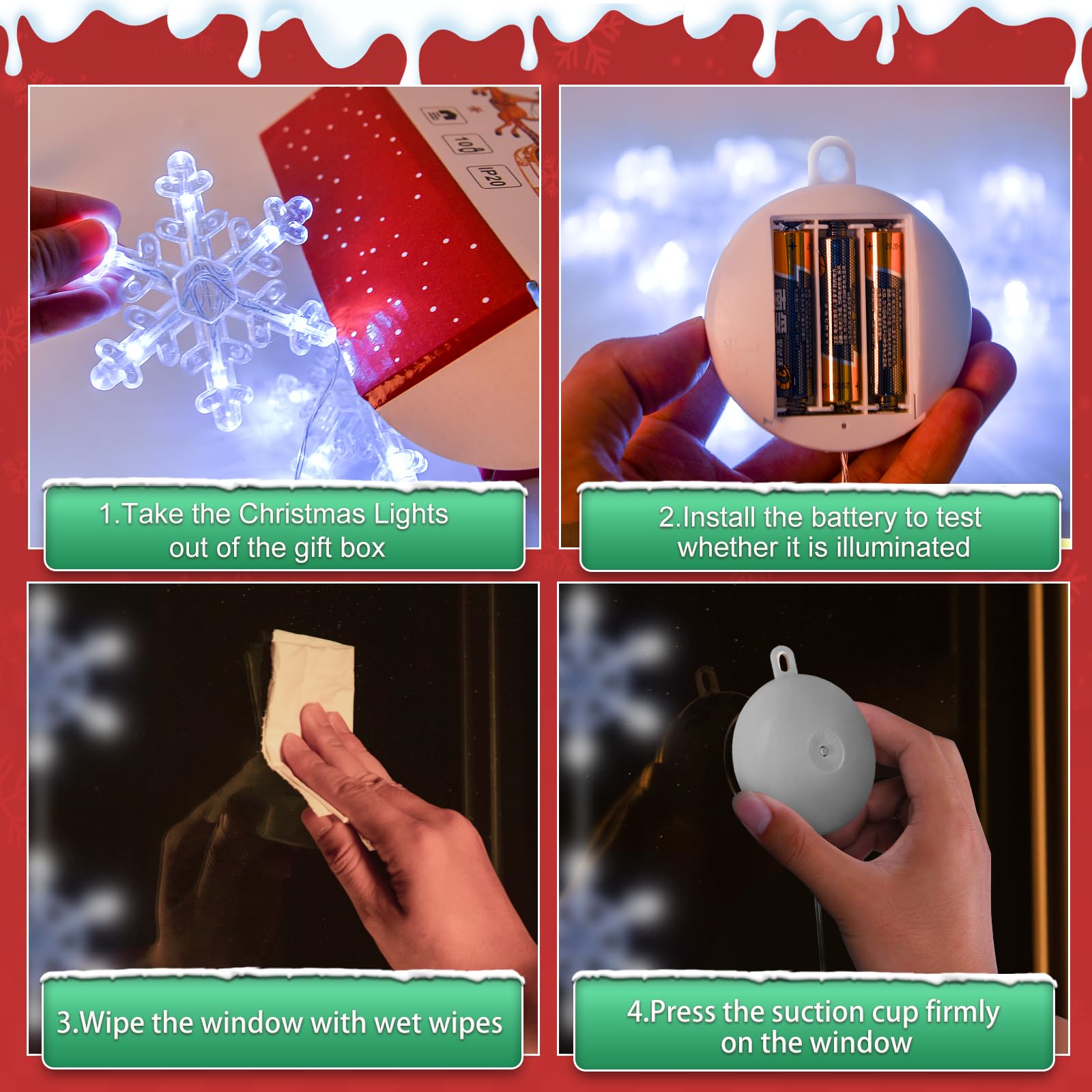 Lyubasa [Timer 3Pcs Christmas Window Lights Decorations, Battery Powered Christmas Window Hanging White Lighted Snowflake Shaped Led Sucker String Lamp For Xmas Tree Fireplace Window Indoor Decor