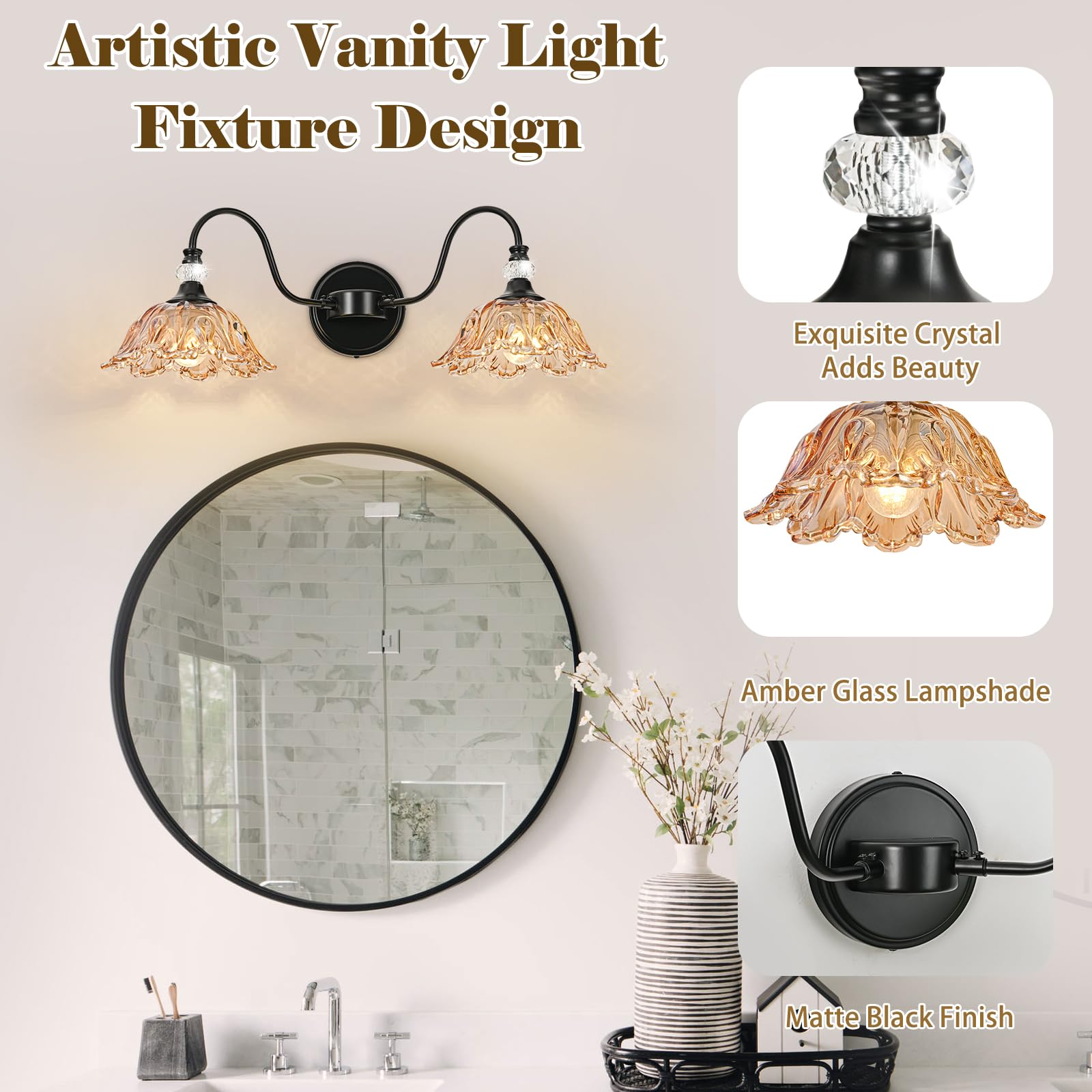 sunkryster 2-Light Black Bathroom Vanity Light with Floral Amber Glass Shades, Vintage Farmhouse Wall Mount, Model Sun-104AB-2-Black-Amber