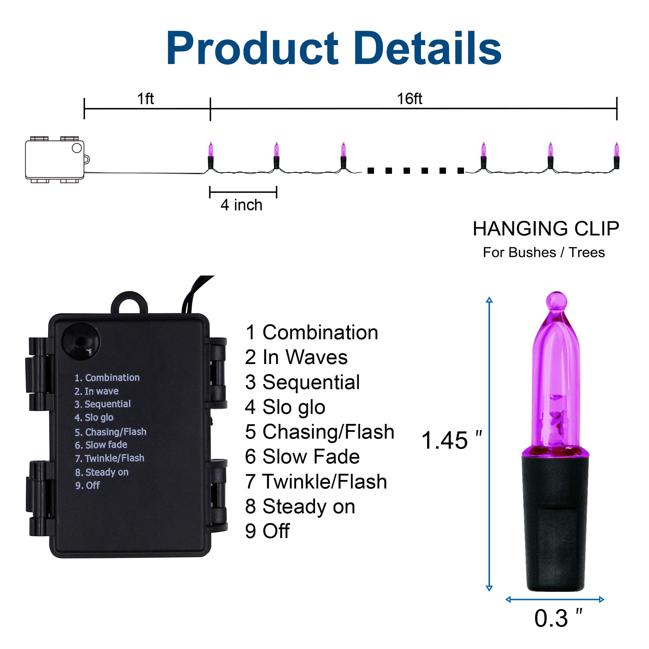Twinkle Star Outdoor Halloween Lights, 50 LED Mini String Light, 16ft Waterproof, 8 Modes, Purple, 2 Pack