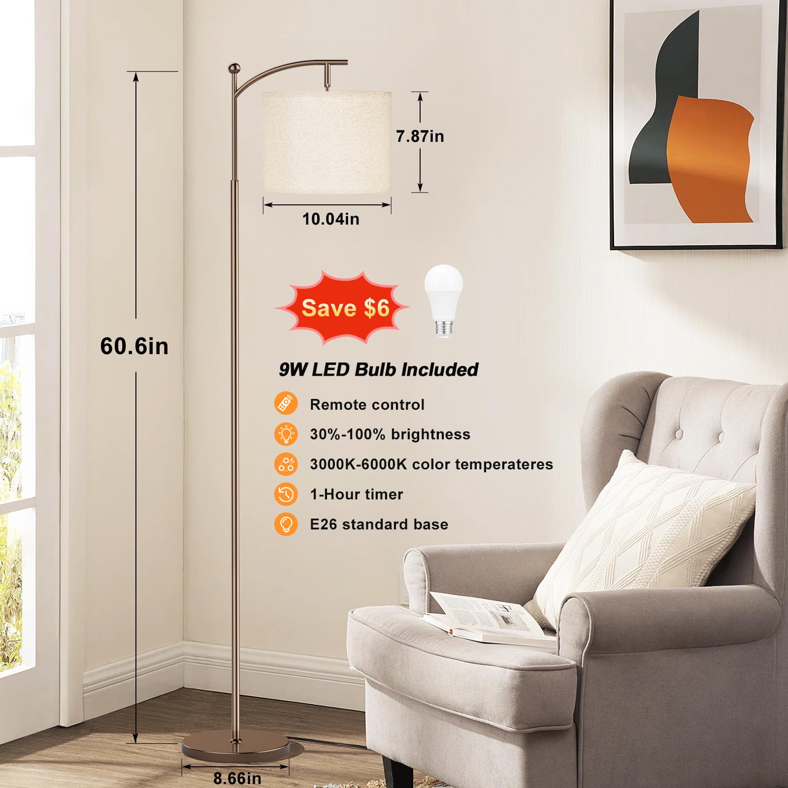 60'' Floor Lamps With Remote Control & Bulb, Colors Temperature & Brightness Adjustable, Deep Beige Shade & Brown Pole