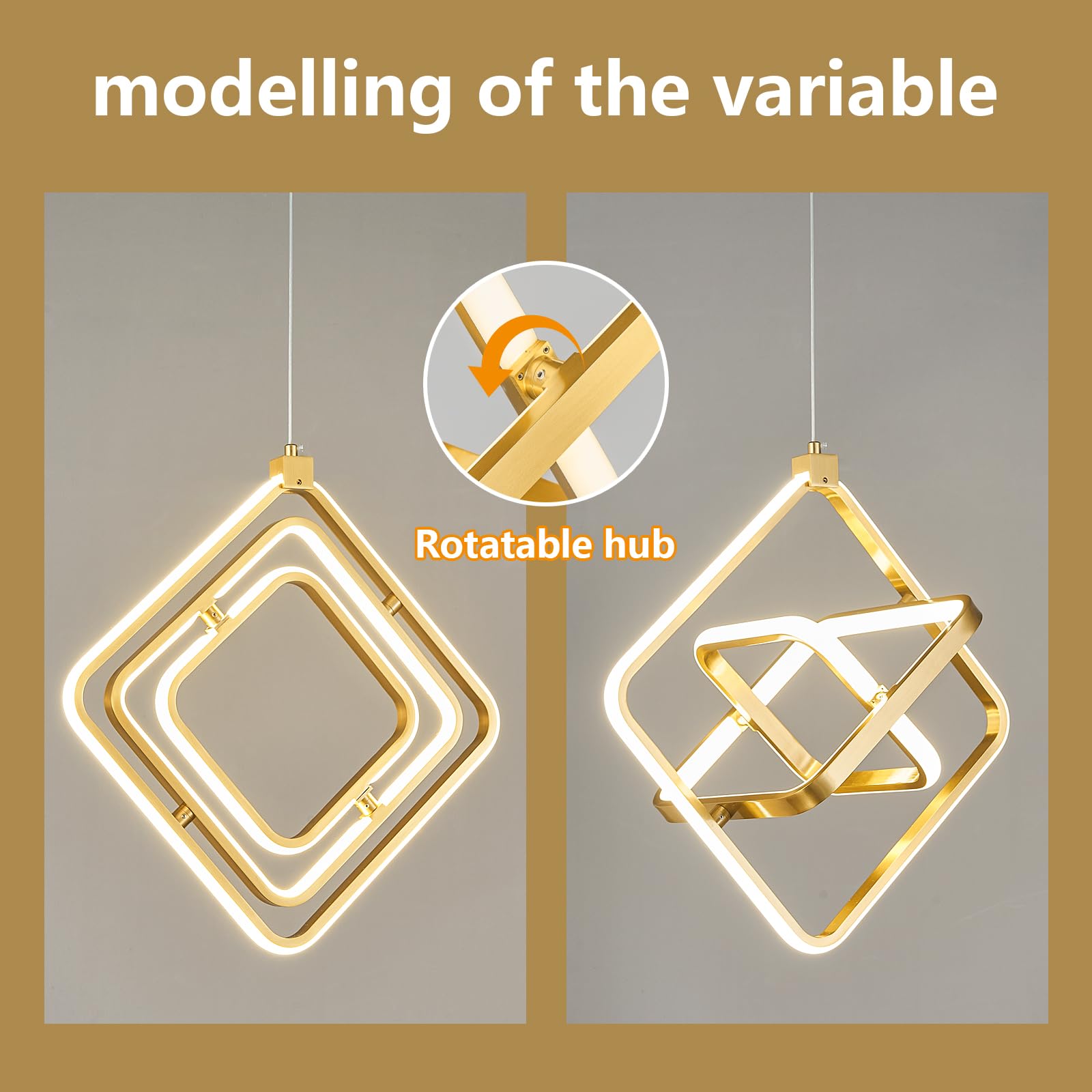 Bnhhlz Modern Led Pendant Light Gold Pendant Lights 4000K 35W Dimmable Height Adjustable Pendant Lighting Rectangle Chandelier For Kitchen Island Dining Room Bedroom Living Room Foyer(3-Ring)