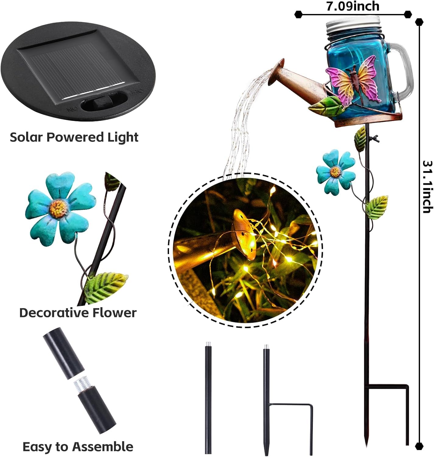 SRNPMIU Solar Watering Can Light, Yard Outdoor Decor Lights, IP65 Waterproof, Hanging Butterfly Garden Light, Outside Garden Flo