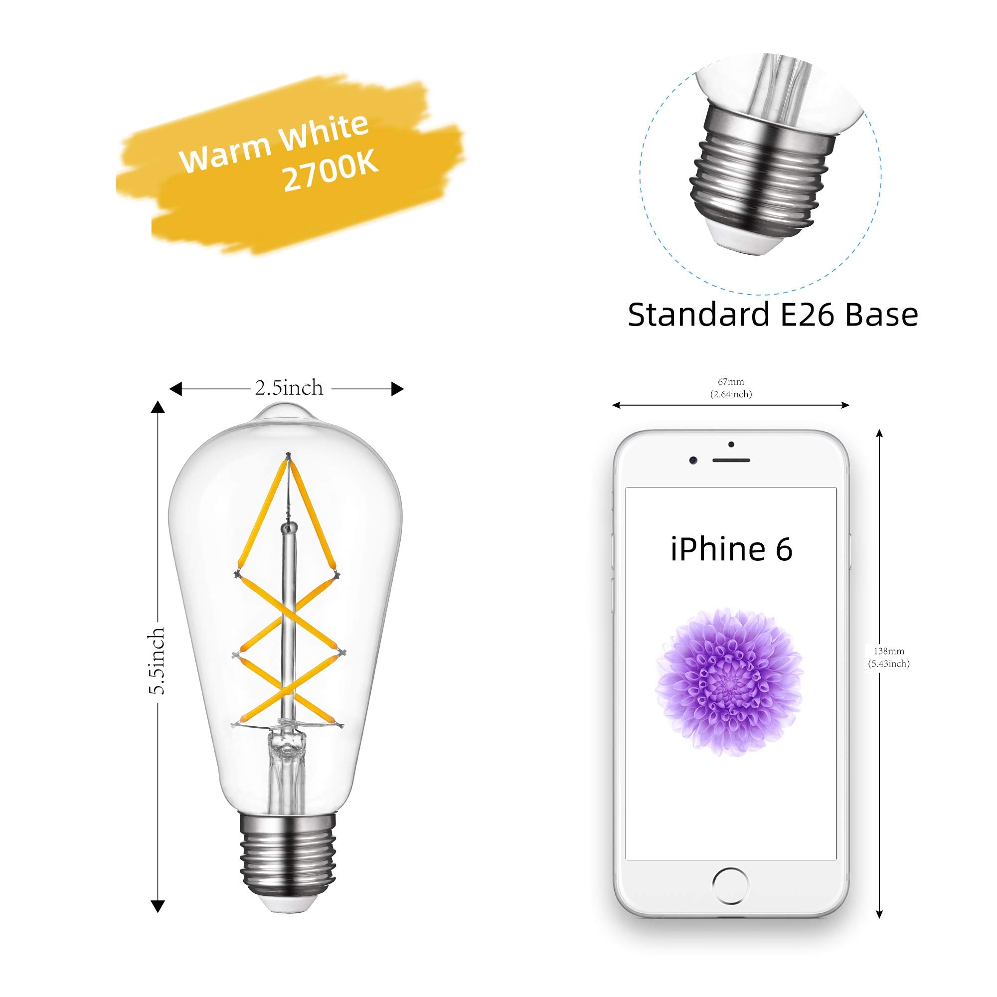 OMED E26 LED Edison Bulb 60W Clear Glass 2700K Warm White Dimmable Pack of 6 Retro Farmhouse Light Bulbs