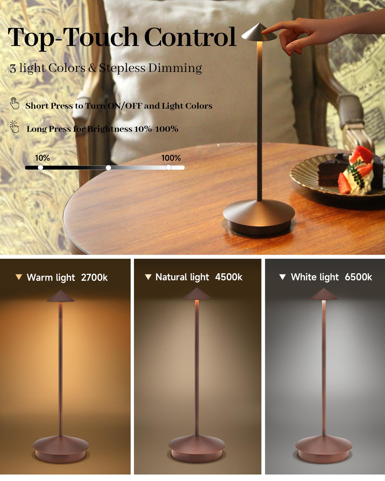 XMINKDZA Portable LED Table Lamp 2 Pack, Rechargeable 6000mAh, Dimmable, IP54 Waterproof, Brown, Model XDJDSJBBM