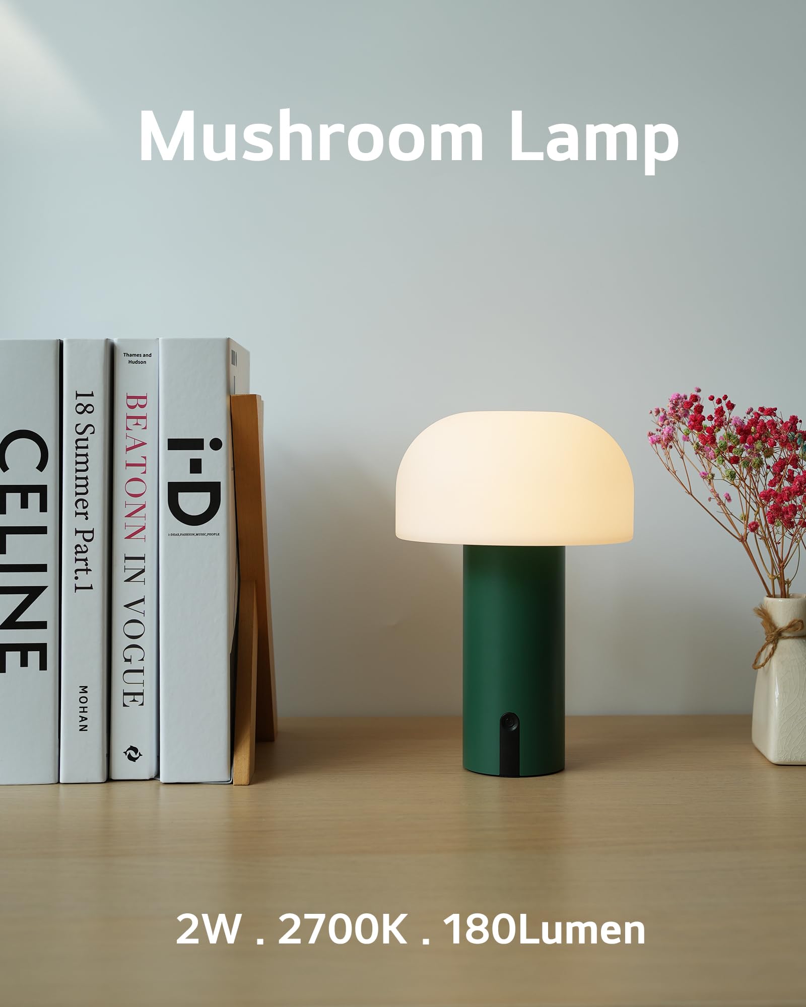WEILAILUX Cordless Mushroom Table Lamp, Waterproof, Rechargeable, Touch Dimmable, Green, Model WL-3760