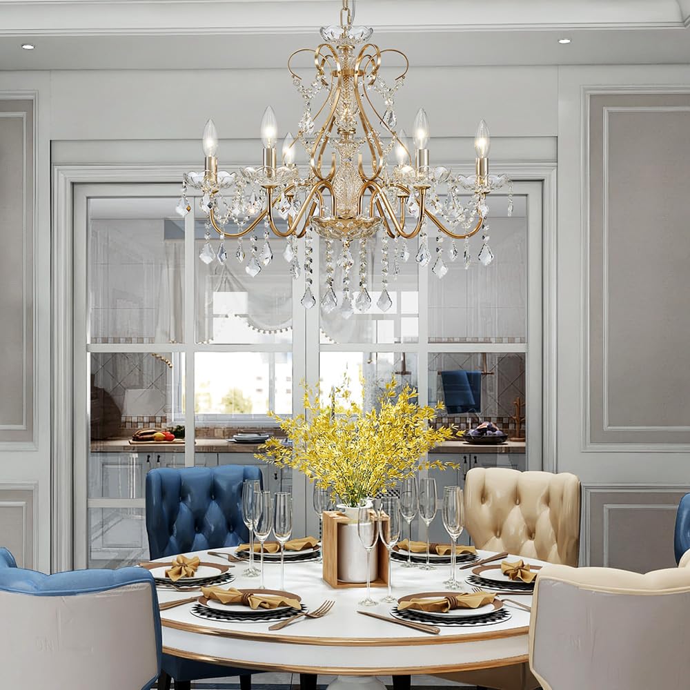SM Saint Mossi 6-Light Crystal Chandelier, French Gold, H23 x D24, Modern Raindrop Lighting for Dining Room, Bedroom, Living Room