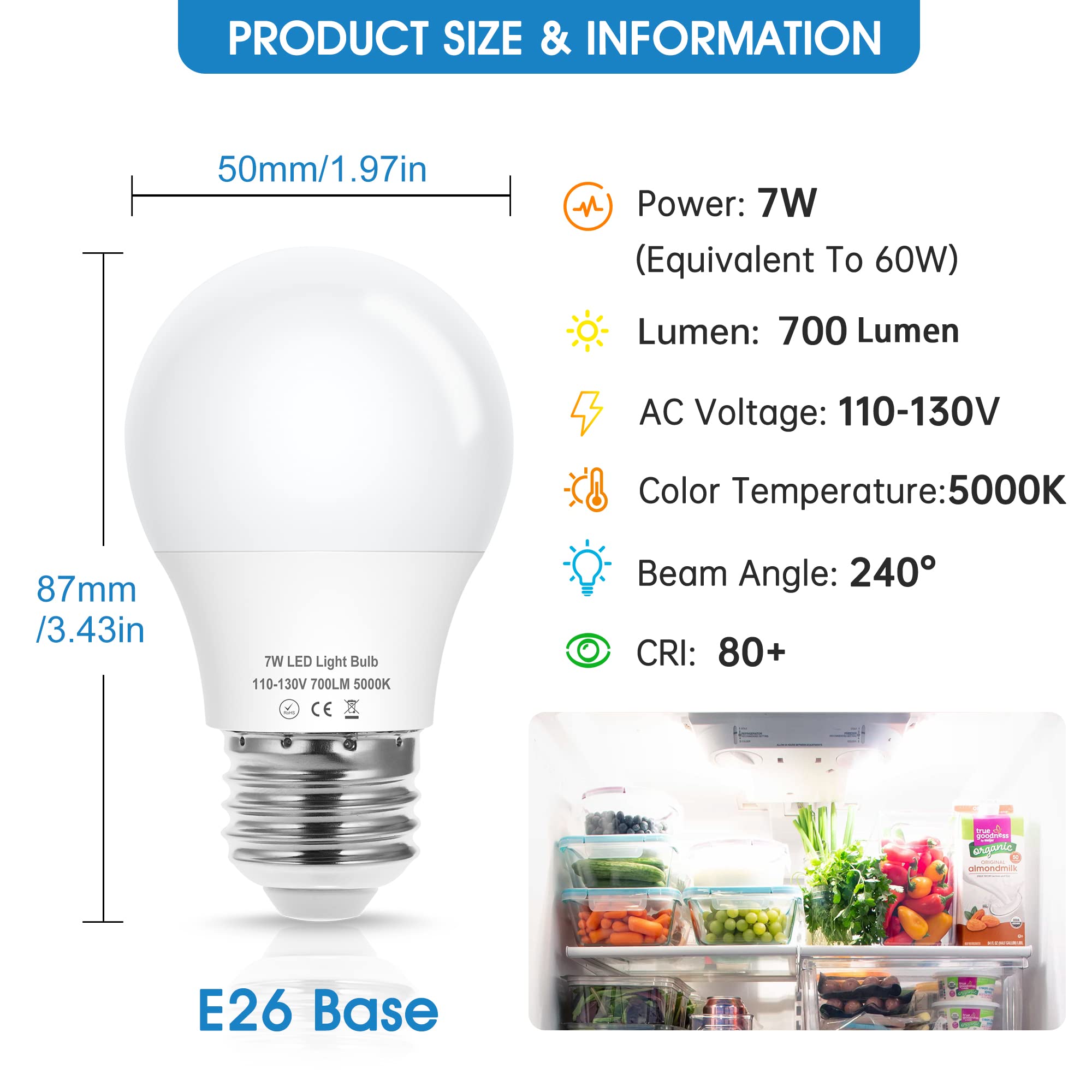 EvaStary Refrigerator Light Bulb, 7W A15, Daylight White 5000K, Waterproof, Non-Dimmable, 2 Pack