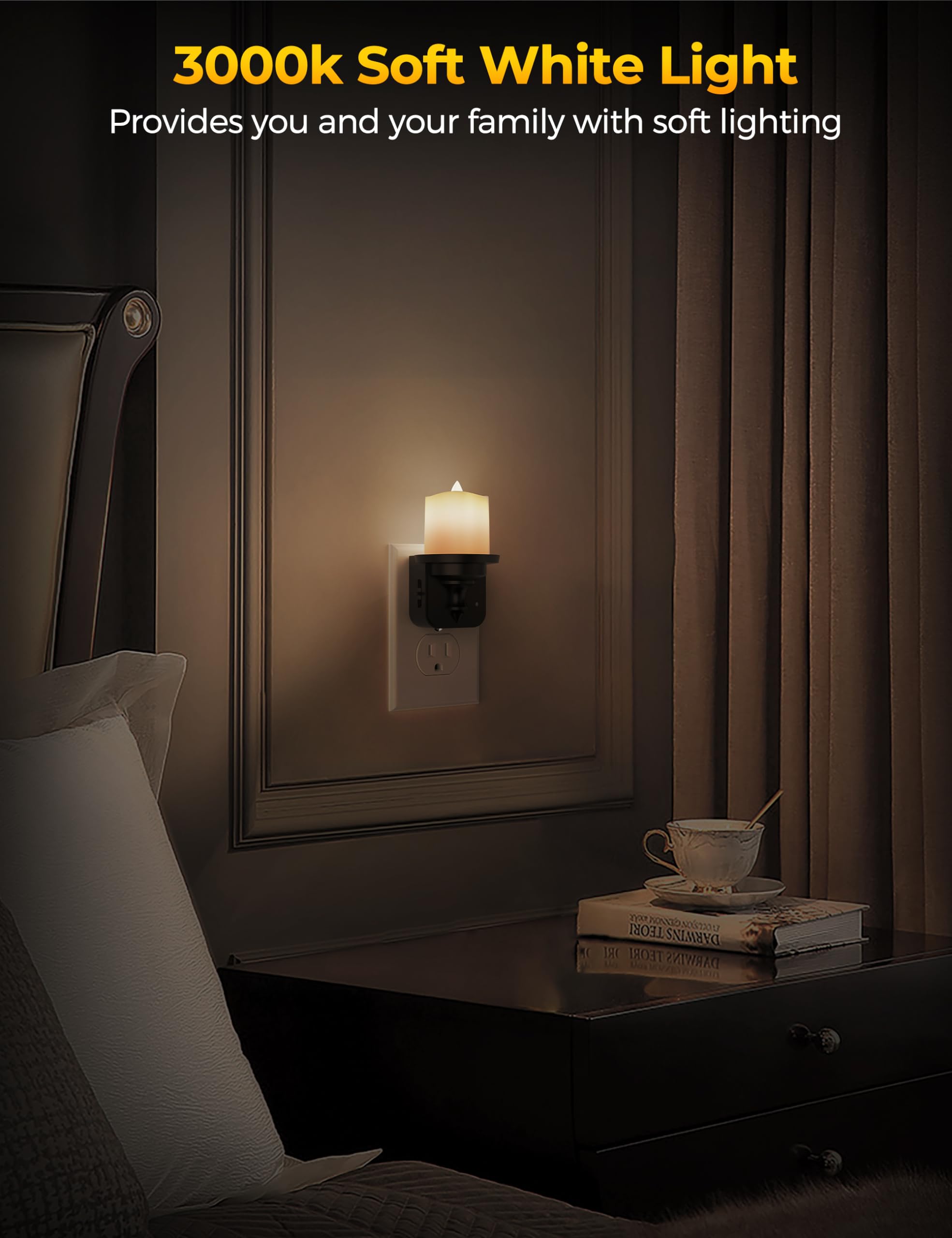 Briignite Flameless Candle Night Light 2 Pack, LED with Light Sensor, Dimmable 0-100LM, 3000K Soft White, Warm Color