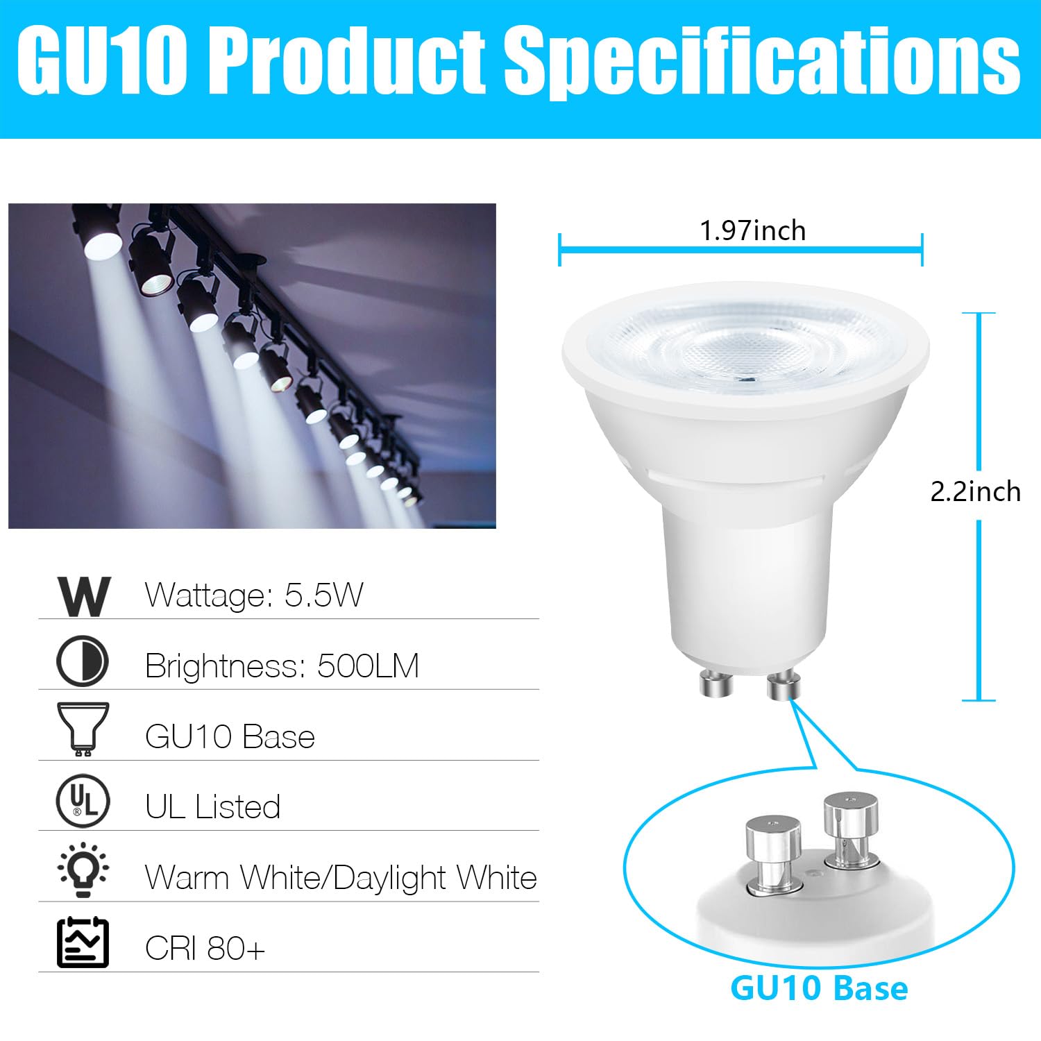 Daybetter Gu10 Led Light Bulbs  Dimmable Gu10 Bulb Replacement For Track Lighting  5.5W Equivalent 50W  500 Lm Daylight White 5000K  Mr16 Led Bulb For Kitchen  Range Hood  Living Room  12 Pack