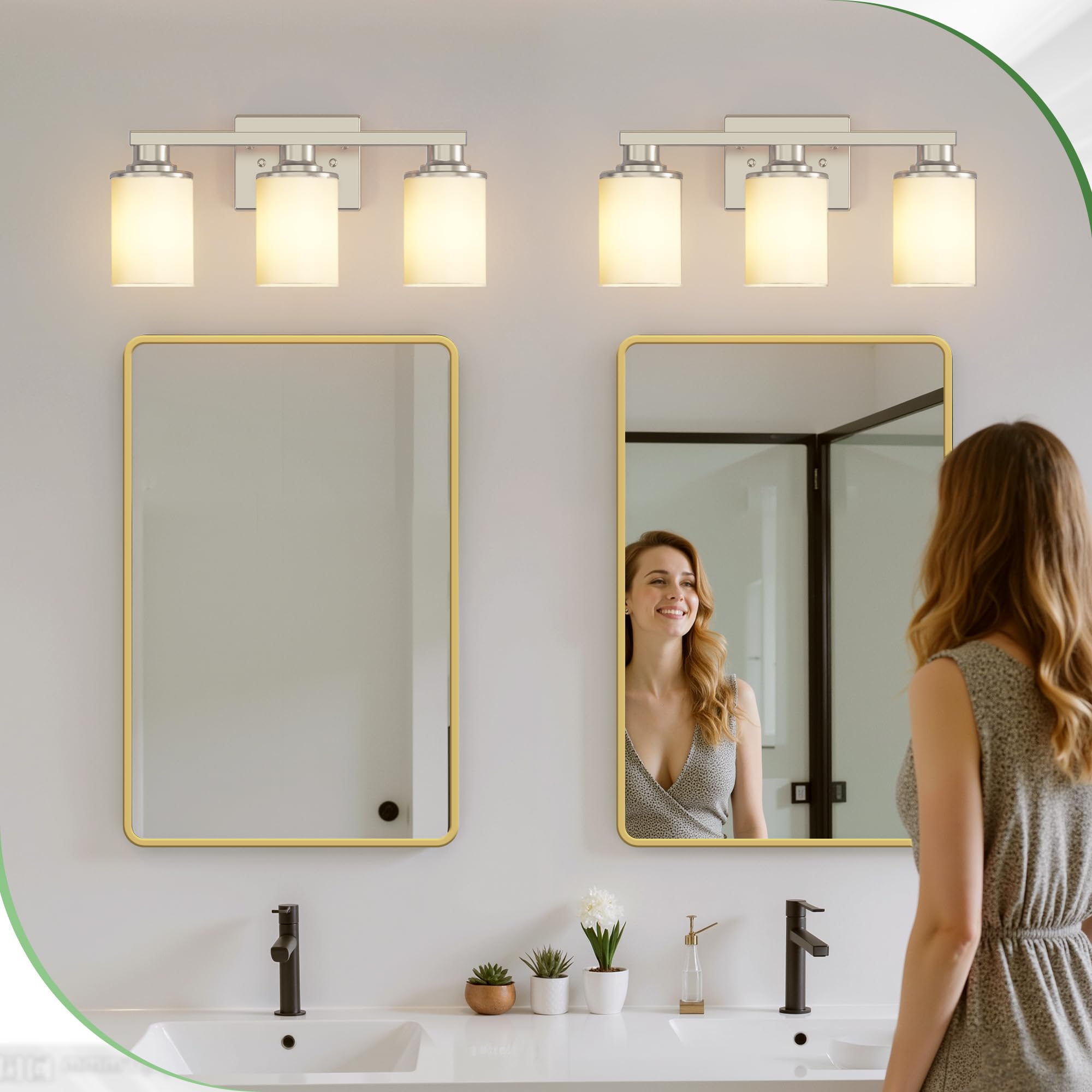 DORESshop 17 Inch 3-Light Nickel Bathroom Light Fixture, Milk Glass Shade Vanity Lighting for Living Room and Bedroom