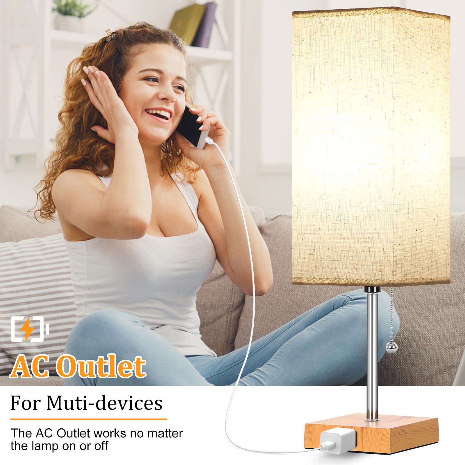 Dott Arts Table Lamp Set of 2, 18in Wood+Cream, 3-Color Bedside Lamps with Pull Chain and AC Outlets, Model PTL6W-024