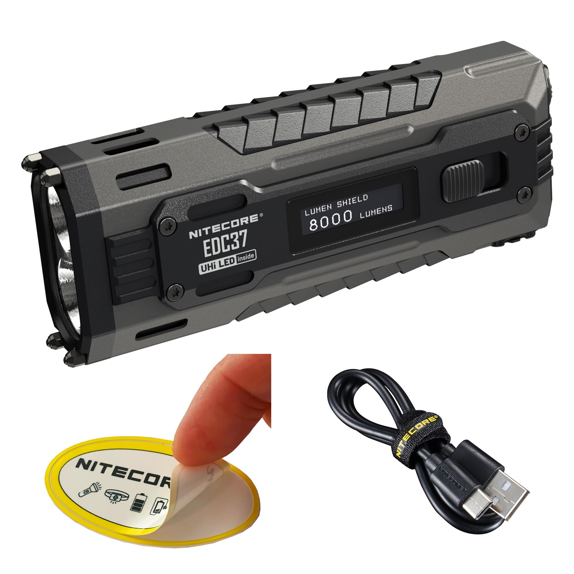 Nitecore EDC37 EDC Flashlight, 8000 Lumen Flat Shape USB-C Rechargeable Fast Charging with Digital OLED Display and Mechanical L