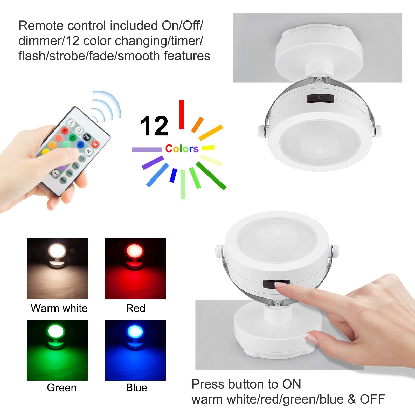 Hongut Picture Light Rechargeable, Led Accent Lights Indoor, Cordless Puck Light With Remote, 12 Color Changing 9 Led Spotlight