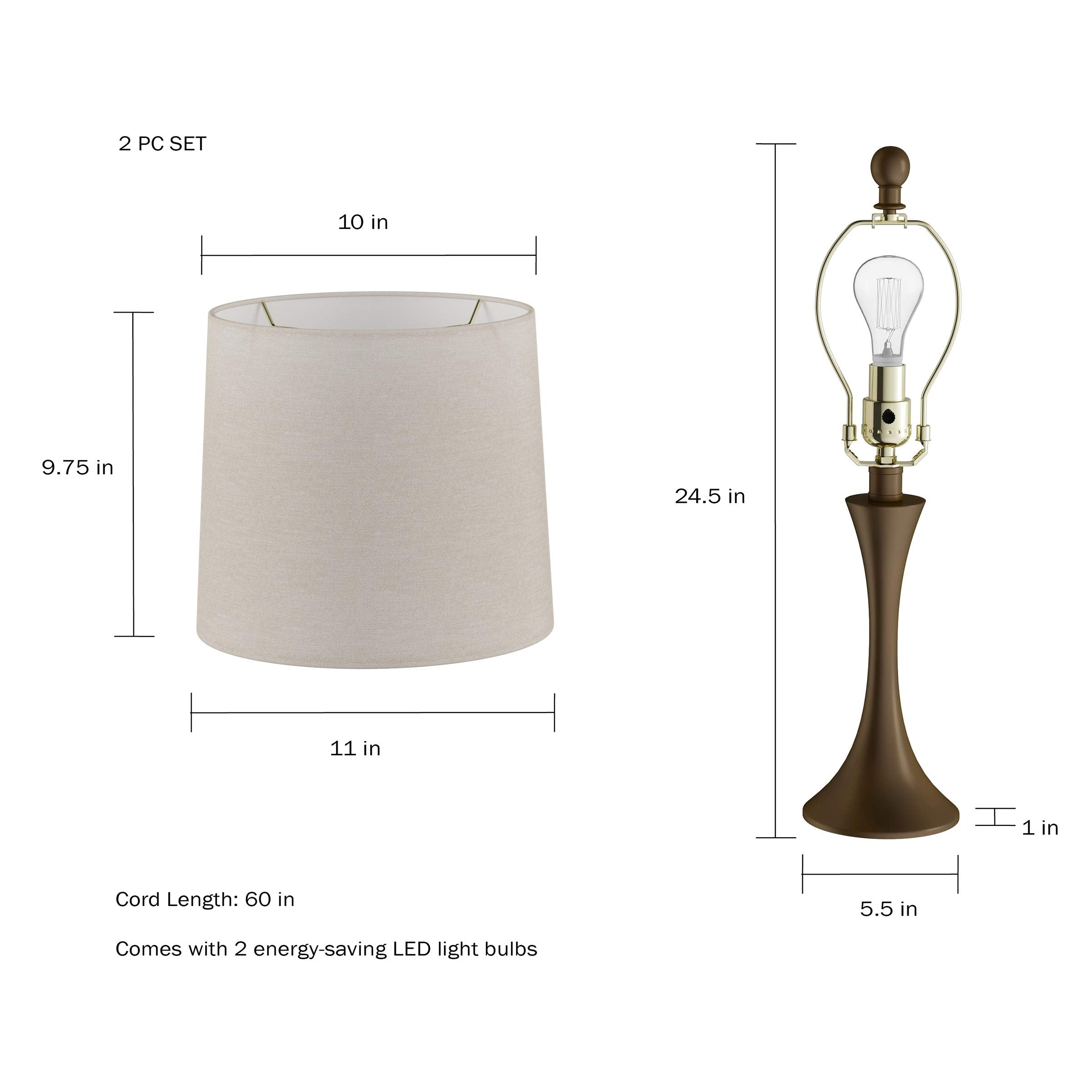 Table Lamps - Set Of 2 Mid-Century Modern Lights With Metal Flared Trumpet Base - Includes Energy Efficient Led Light Bulbs By L