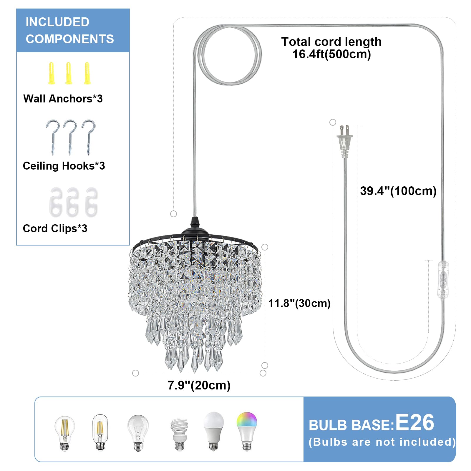 8'' Chandelier Plug In Crystal Chandelier Pendant Light Plug In With 16.4Ft Cord Hanging Lights 3-Tier Crystal Raindrop Chandeli