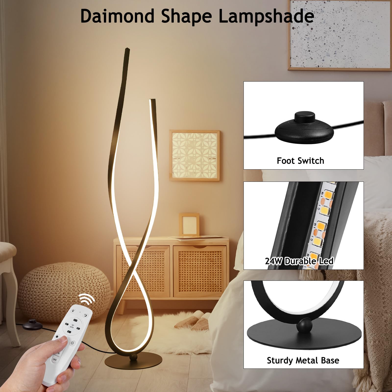 Nuür Spiral Floor Lamp, 59&quot; Tall Black Led Modern Standing Floor Lamp With Remote Control, Arched Bright Floor Lamps For Living Room Bedroom Office Home (Spiral Floor Lamp)