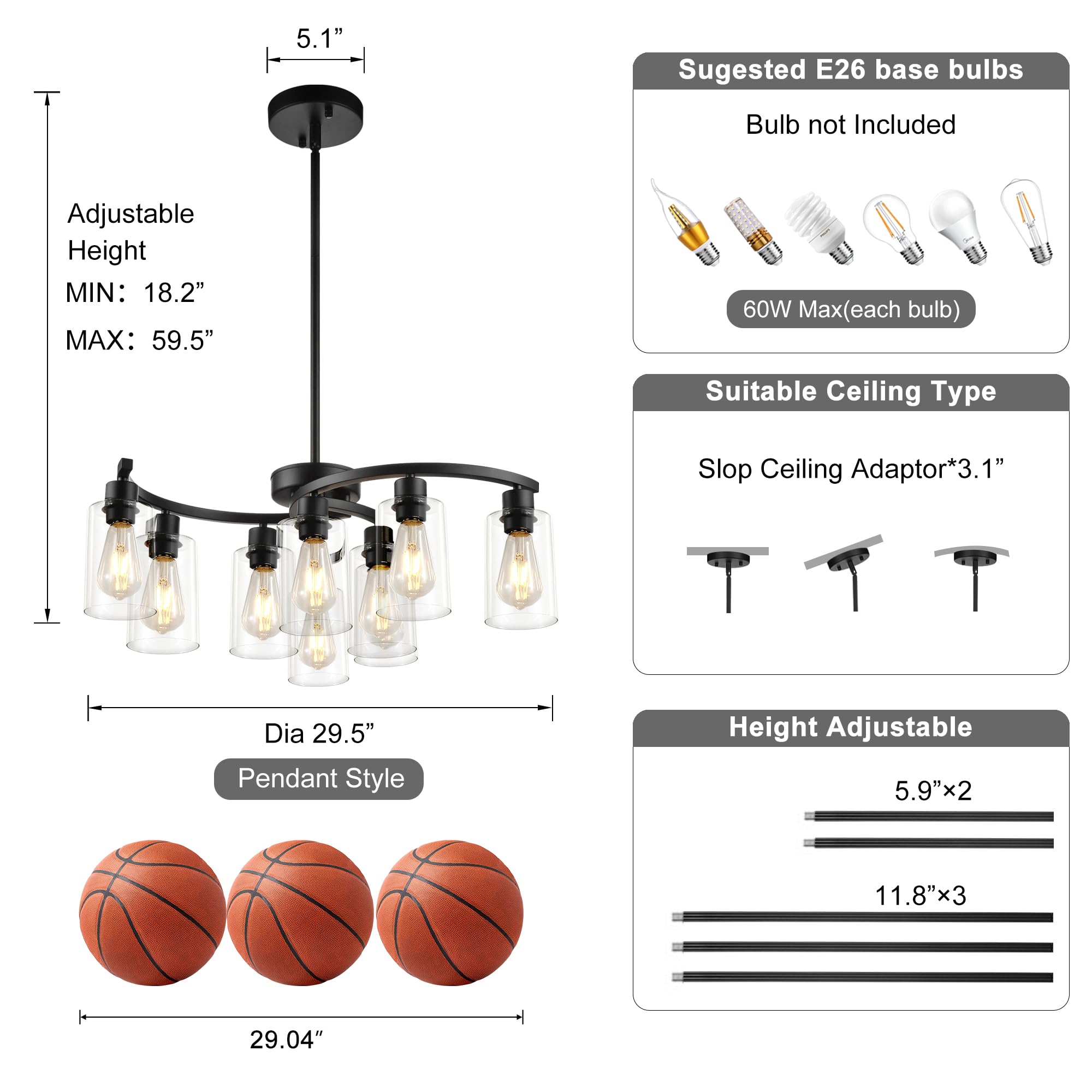 Sigaitwei 9-Light Black Farmhouse Chandelier, 29.5" Metal Pendant Light Fixture with Clear Glass Shades