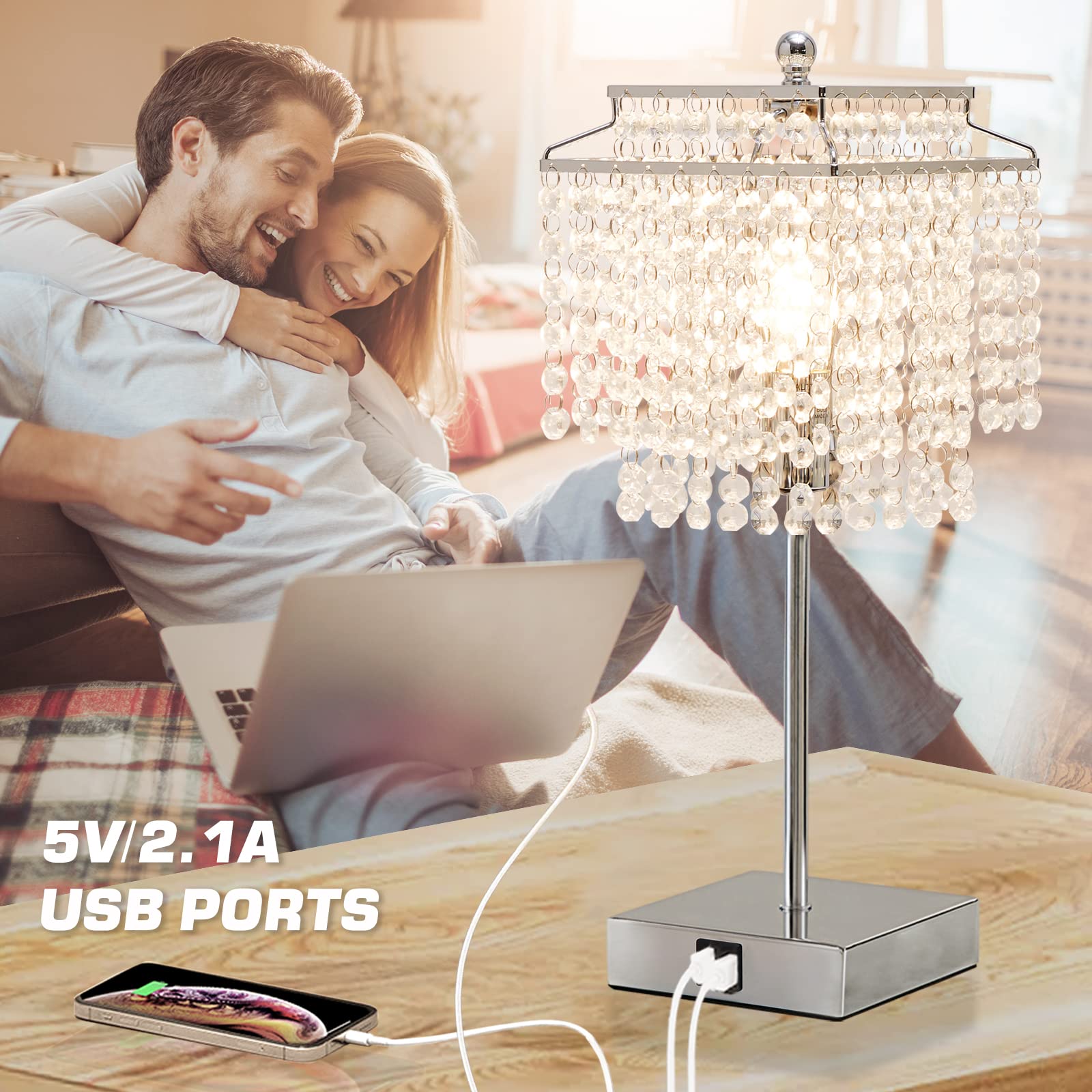 Luvkczc Crystal Table Lamp - Touch Control, 3-Way Dimmable, USB, Silver, Includes 6W LED Bulb, Perfect for Bedroom & Living Room