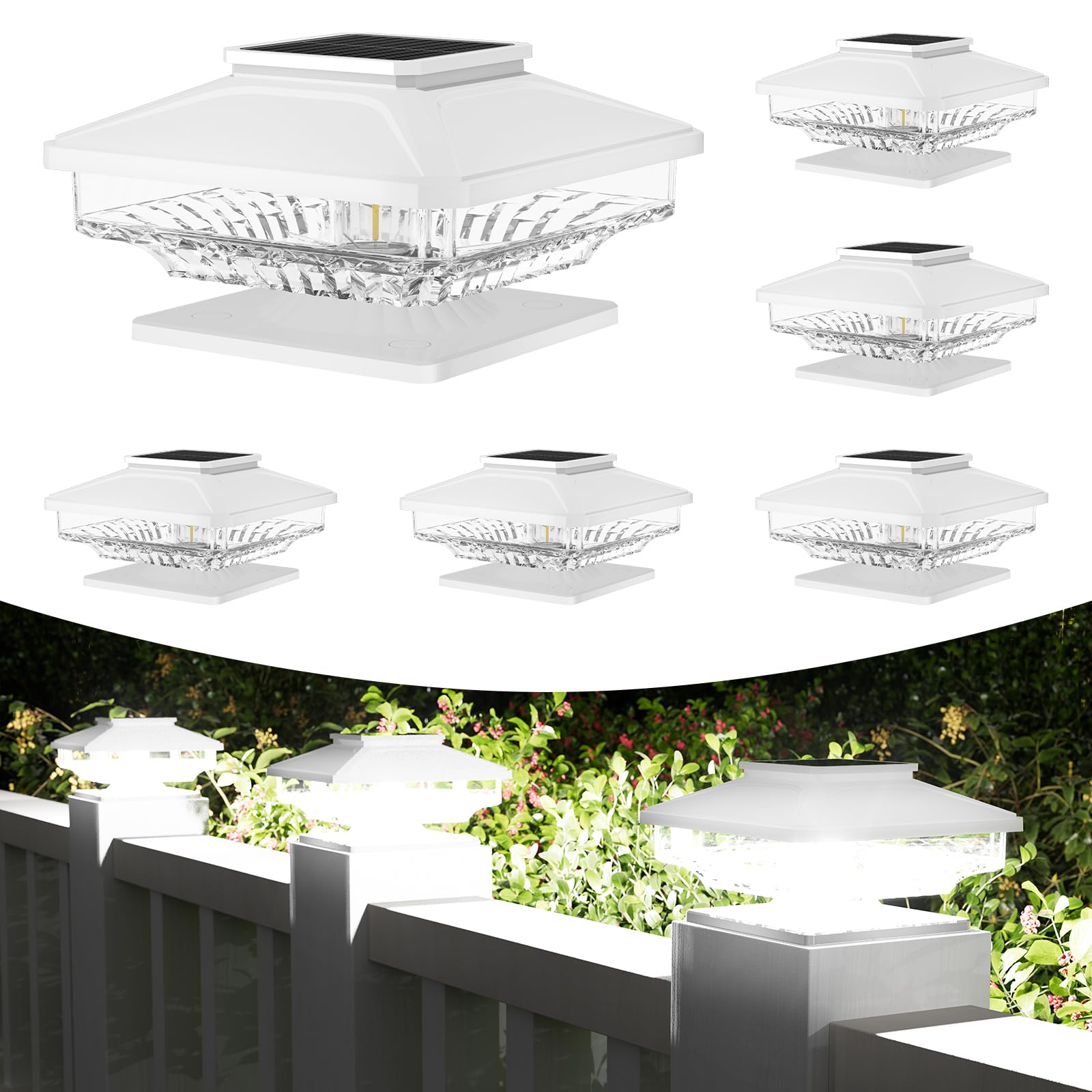 High Brightness 6 Pack Post Solar Lights,[Not Hollow Post],Ip65 Waterproof 4X4 Solar Post Cap Lights, Deck Post Cap Lights,Fit 4X4 5X5 6X6 Wooden Posts For Garden Patio Fence Deck Decor White