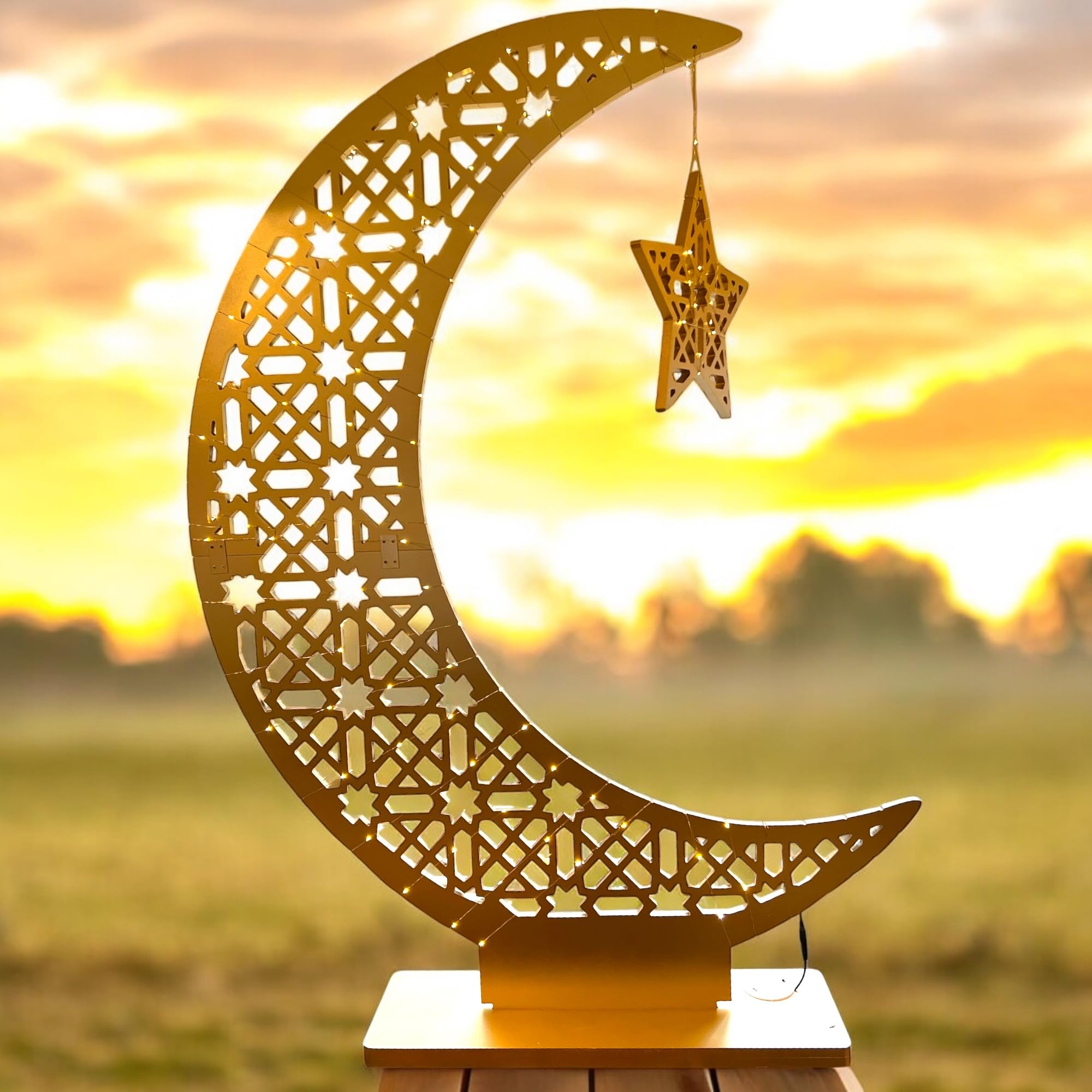 Hilal Moon Star Light Stand  House Warming Welcome Night Lights  Crescent Tree Table D?cor  Big Wooden Moon Star with LED Fairy Lights 5ft (Gold  X-Large)