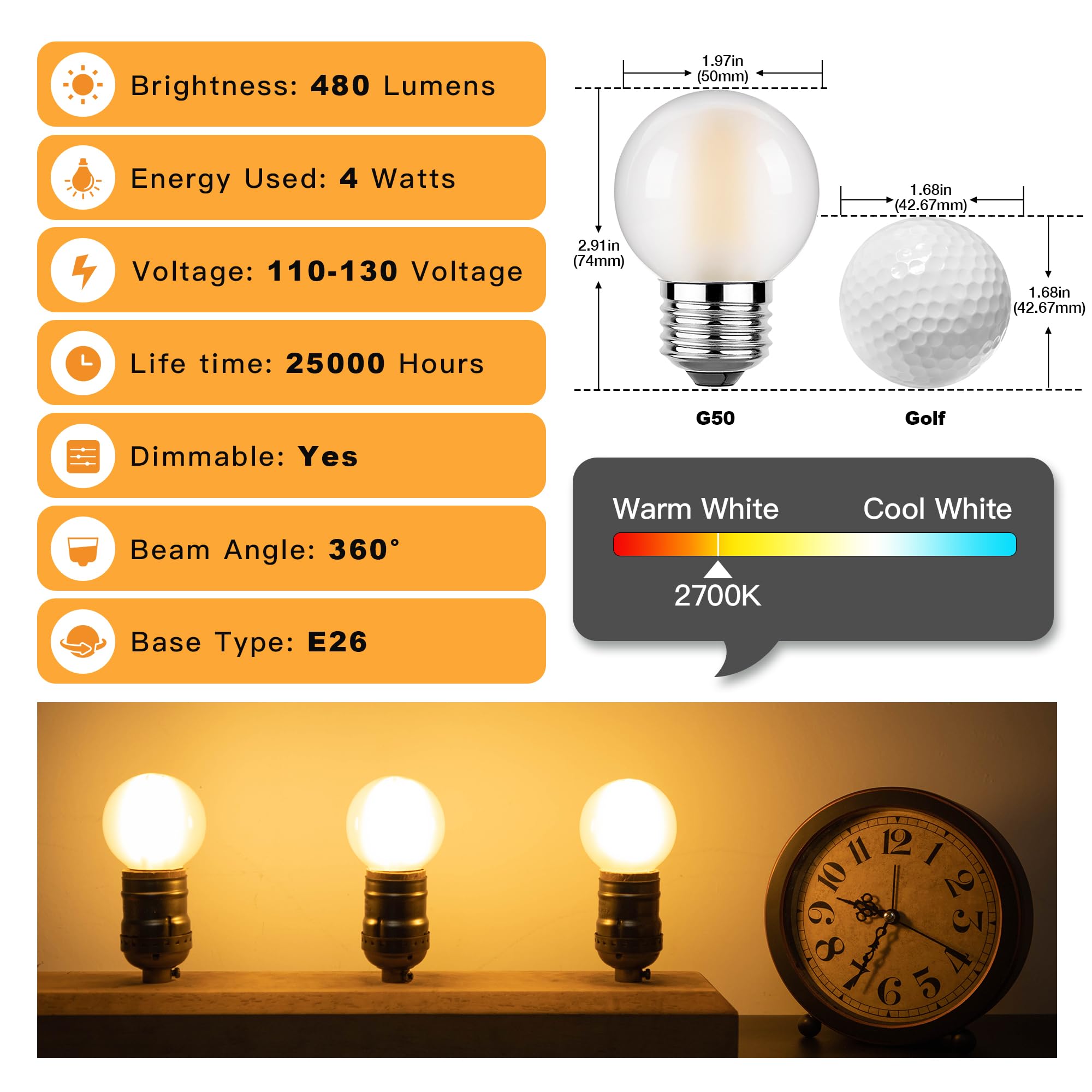 Sphoon Dimmable E26 Led Edison Light Bulbs Frosted G16.5 4W Equal 40 Watt Decorative Globe Bulb For Vanity, Bathroom, Wall Sconc