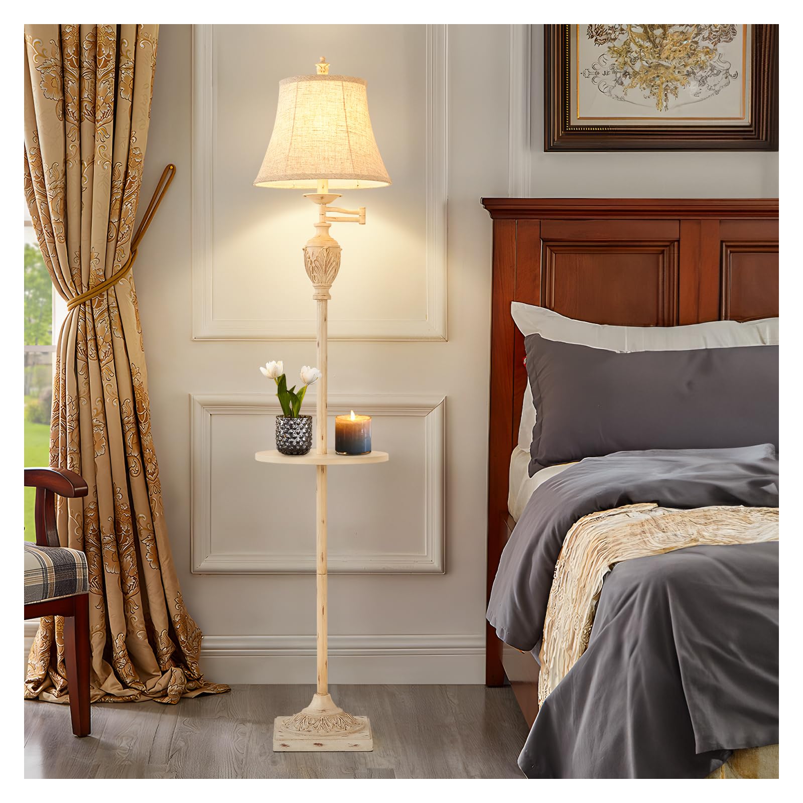 Traditional Led Floor Lamp With 350? Adjustable Swing Arm Lamp - Vintage Pole Lamp Swing Arm For Living Room, Bedroom And Office