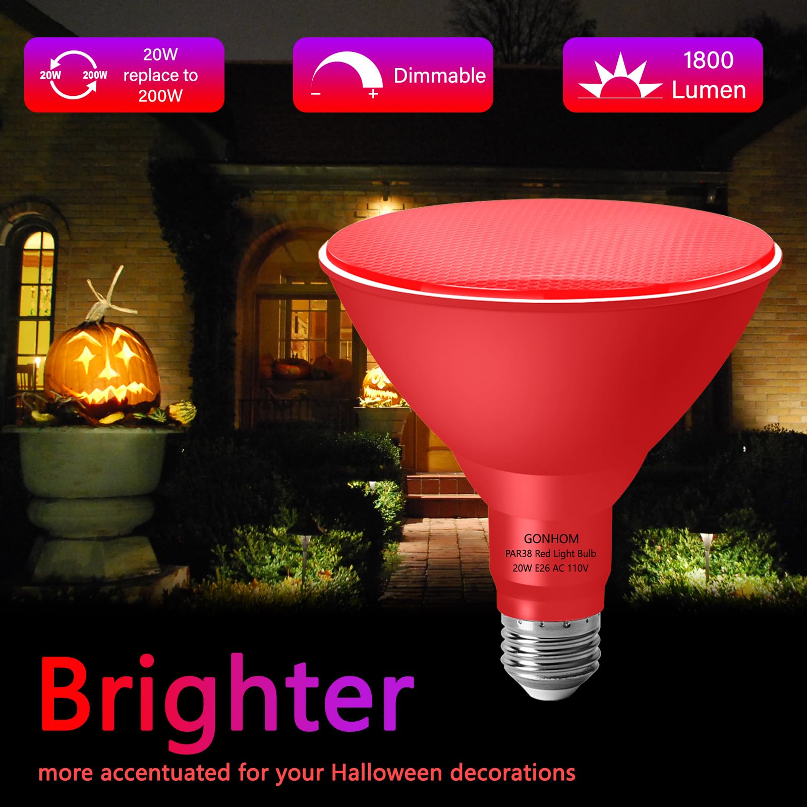Gonhom PAR38 Red Flood Light Bulbs - 20W Dimmable LED, 2 Pack, E26 Base, Outdoor Holiday Lighting