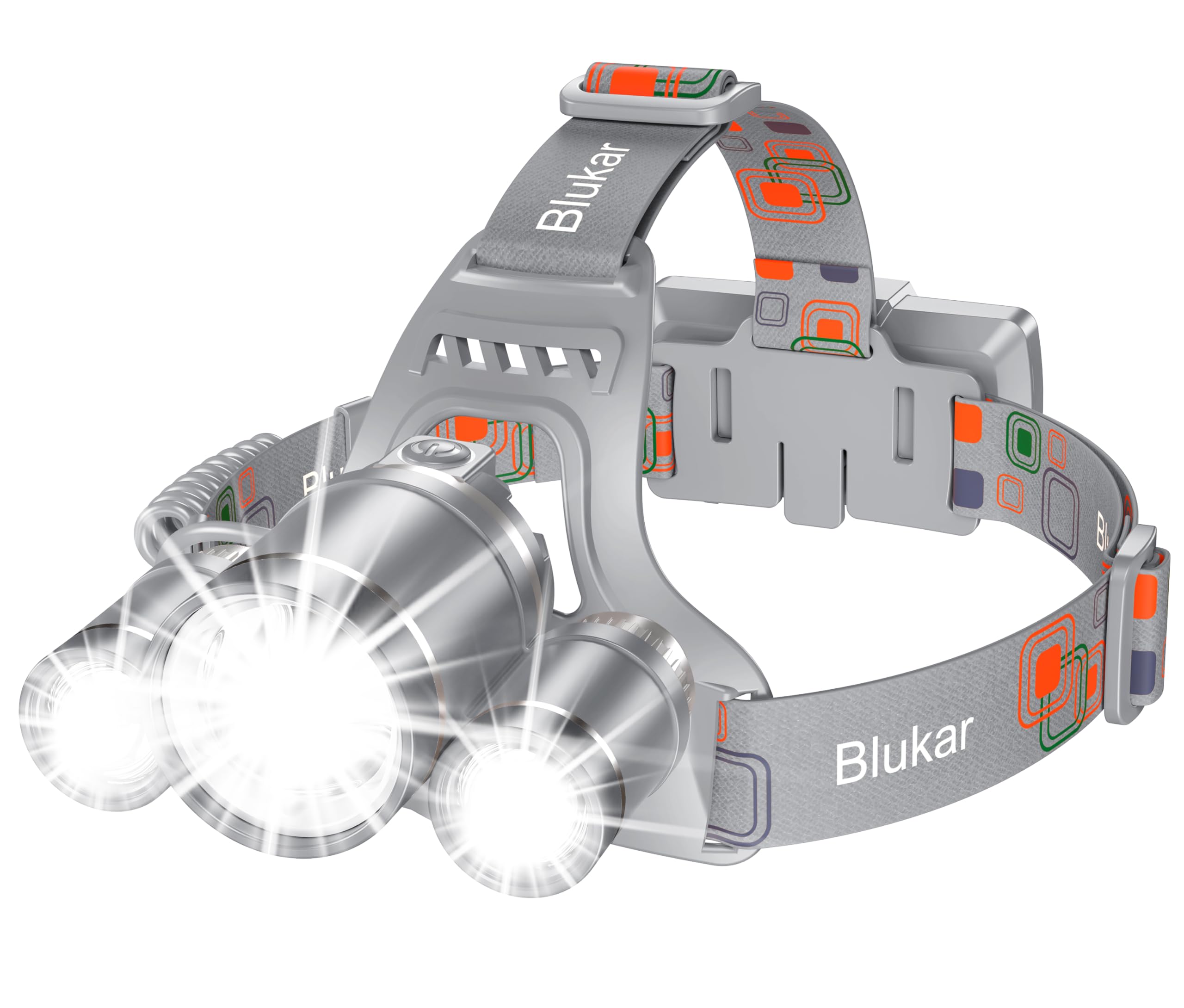 Blukar LED Headlamp - 8000L Bright Rechargeable Flashlight, 5 Modes, IPX6 Waterproof, Gray, Model K9116