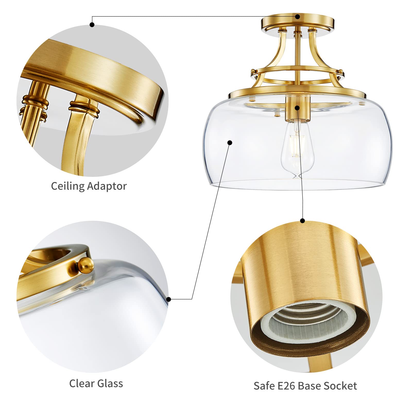 Wuzups Rustic Industrial Round Ceiling Light Fixture, Brushed Gold, Clear Glass Shades, 11.8&quot; H