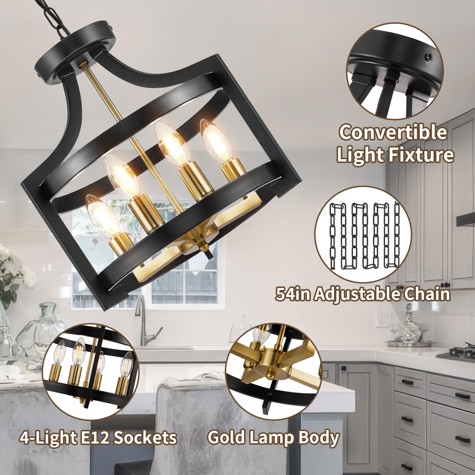 HOXIYA Farmhouse Chandelier - Adjustable Height Pendant Light, 4 Light Black and Gold, Metal, Model HOXIYA-J-PL0702 for Dining Room Foyer
